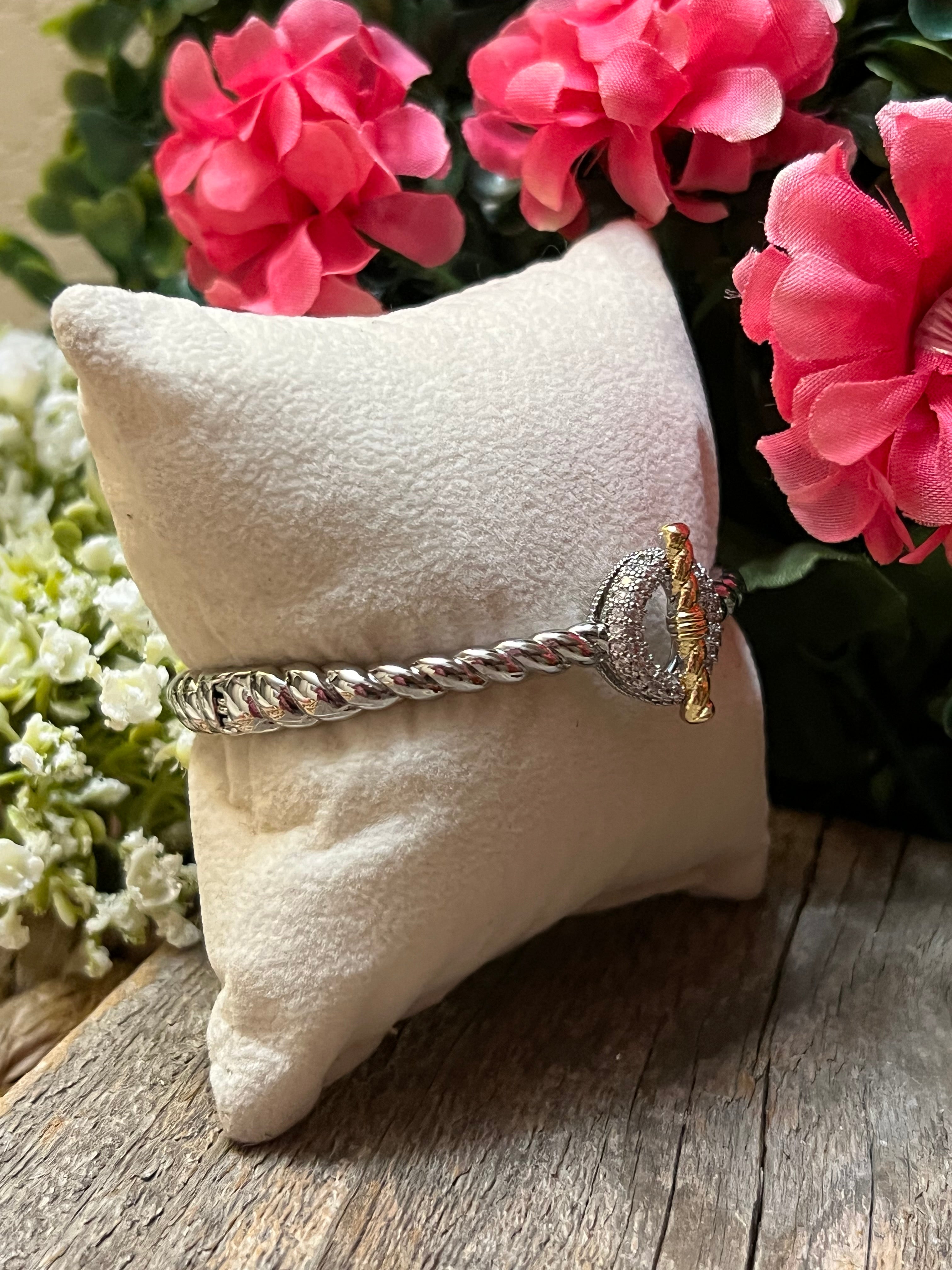 Silver & 14k Gold Plated CZ Toggle Bar Bangle Bracelet