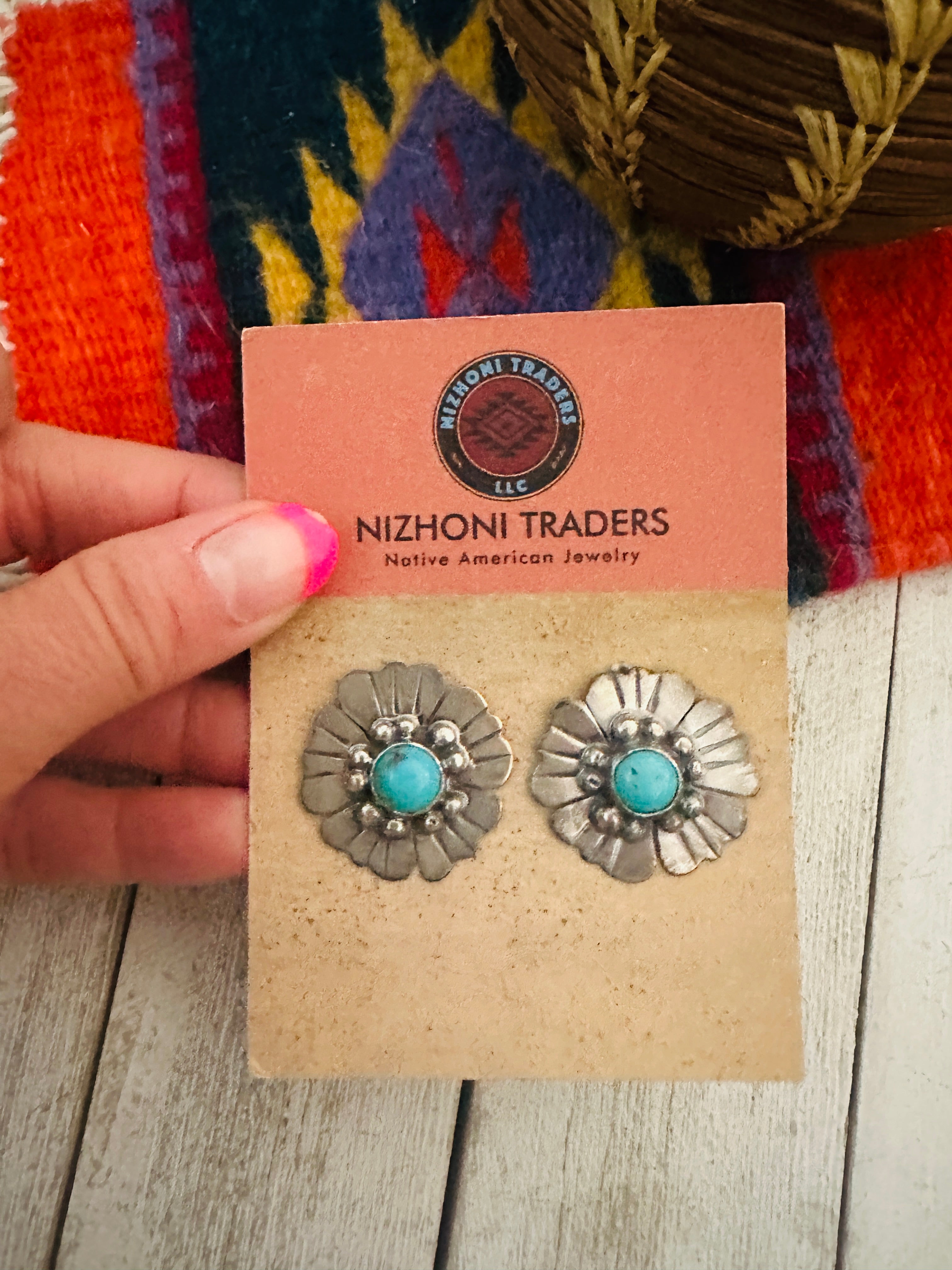 Navajo Turquoise and Sterling Silver Flower Post Earrings