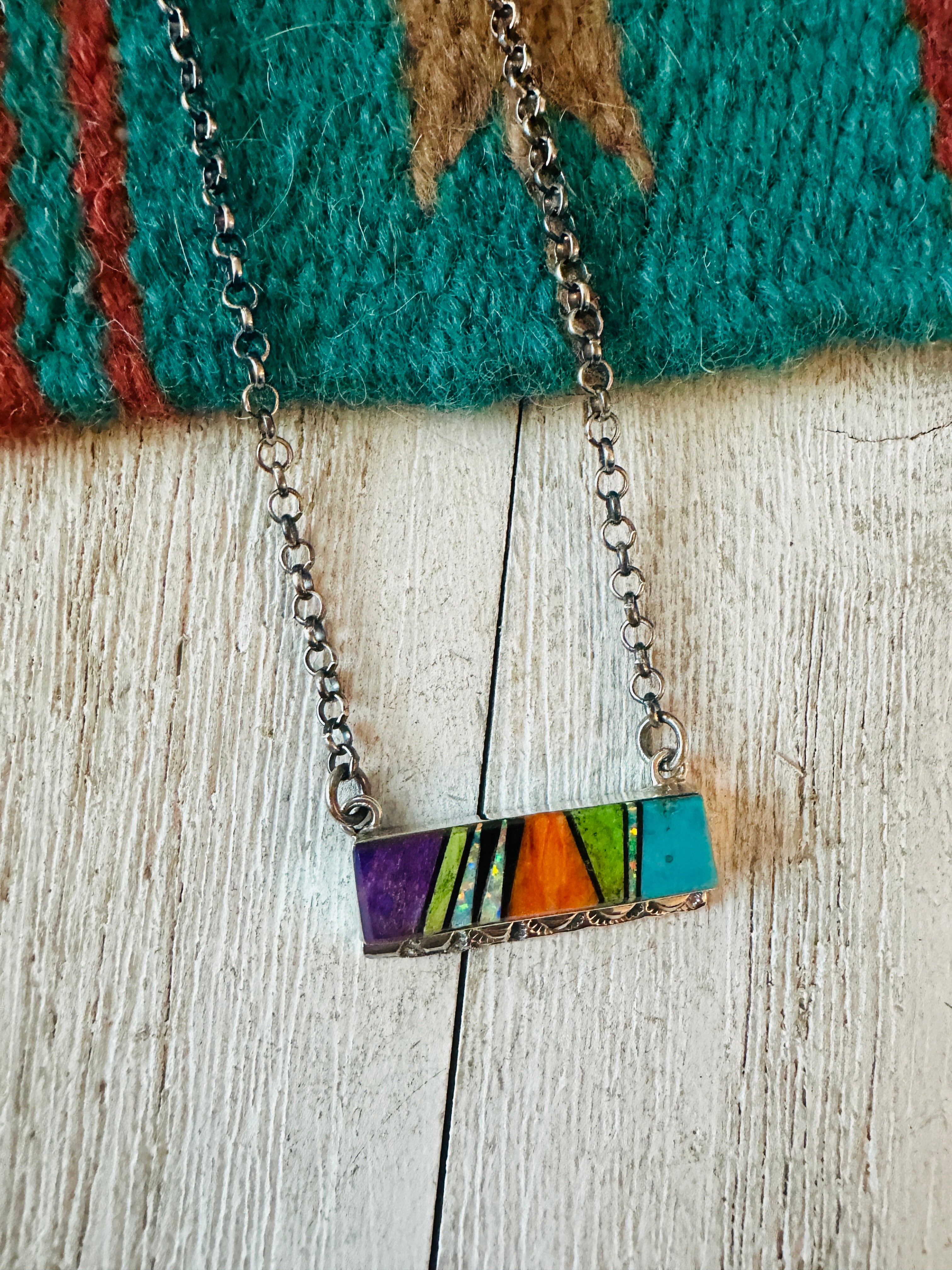 Navajo Multi Stone & Sterling Silver Inlay Bar Necklace