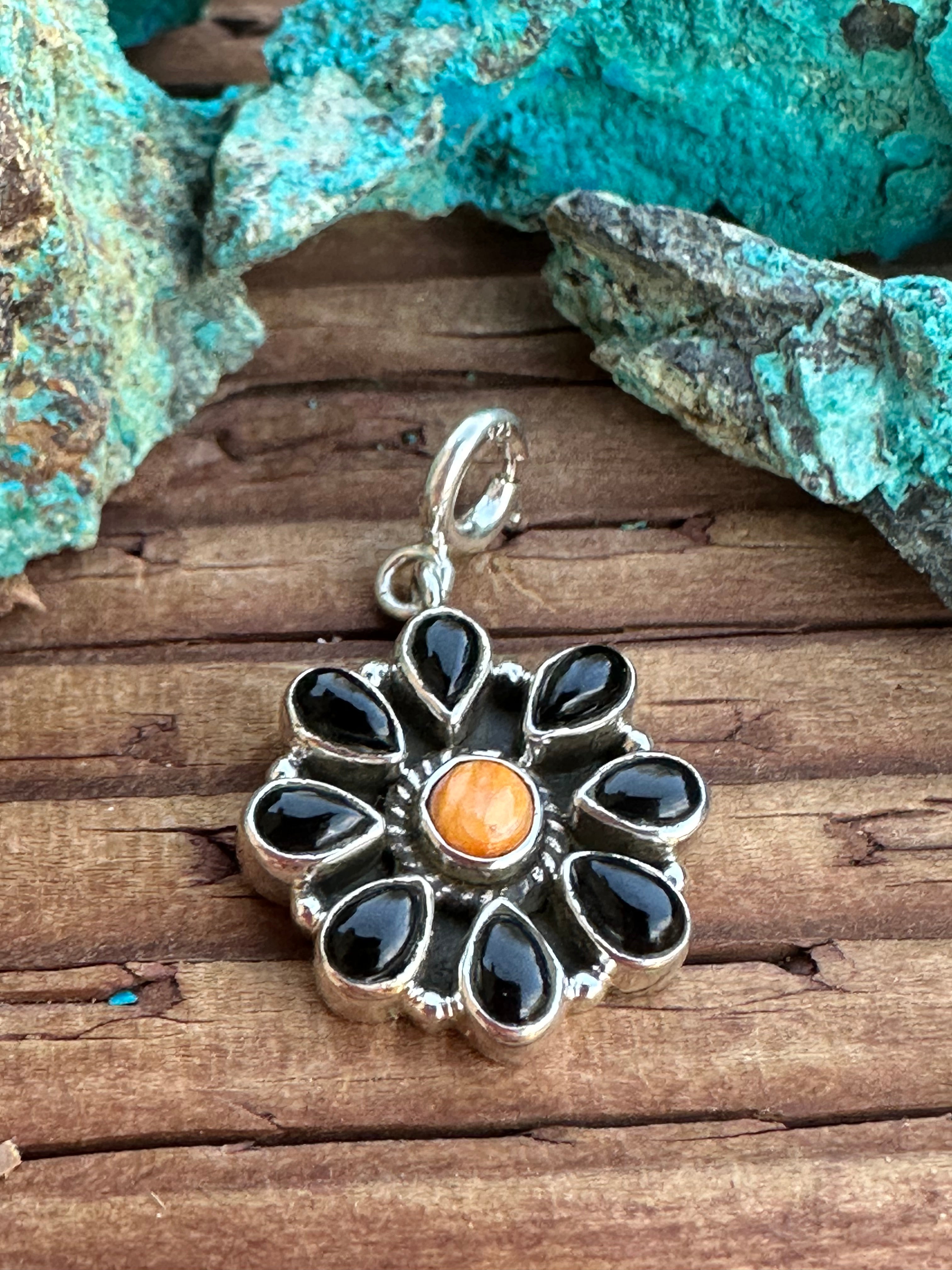 Halloween Collection Sterling Silver, Onyx & Spice Flower Charm