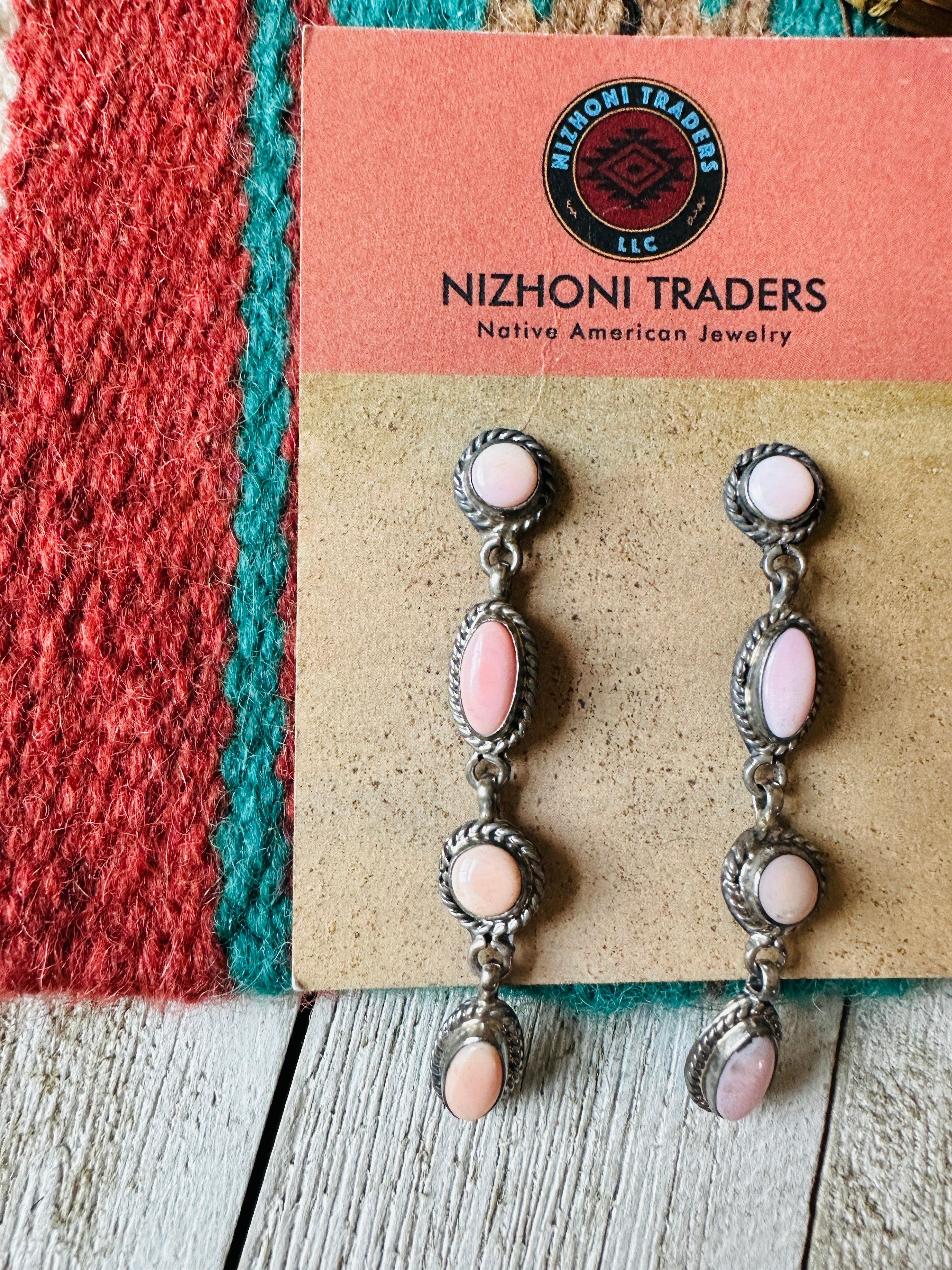 Navajo Queen Pink Conch & Sterling Silver 4-Stone Dangle Earrings