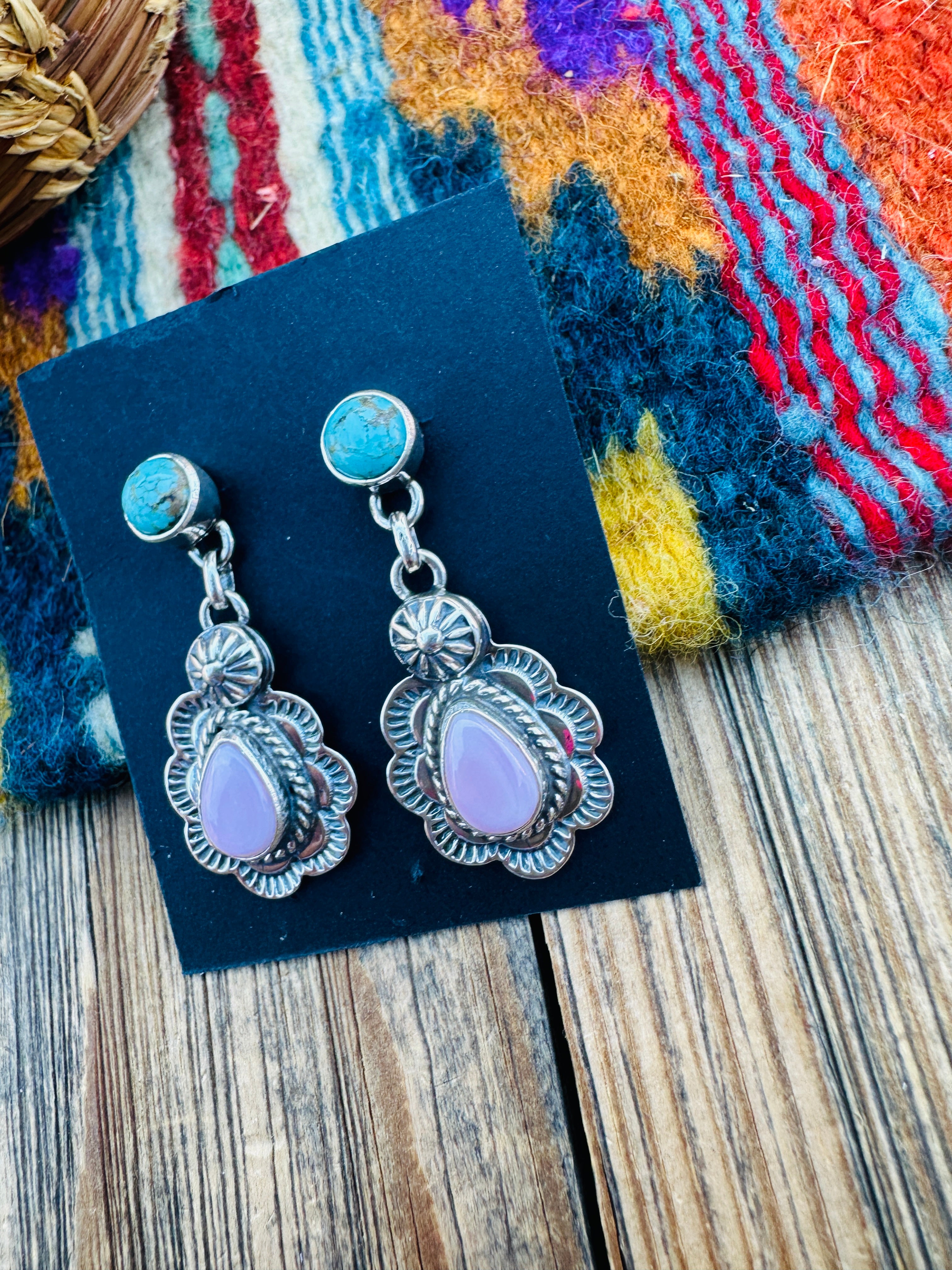 Handcrafted Sterling Silver, Turquoise & Queen Pink Conch Dangle Earrings