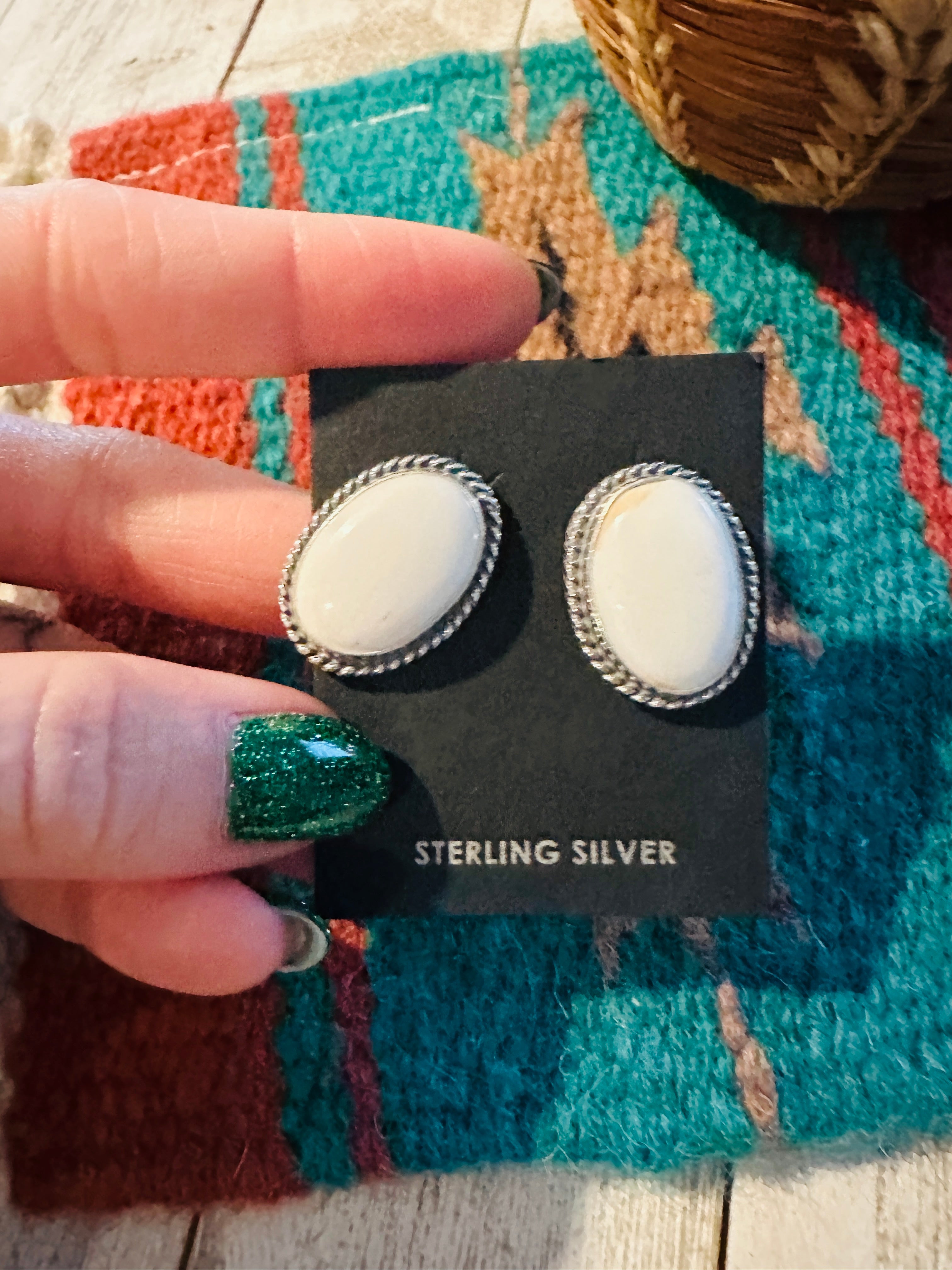 Navajo White Buffalo and Sterling Silver Oval Post Earrings