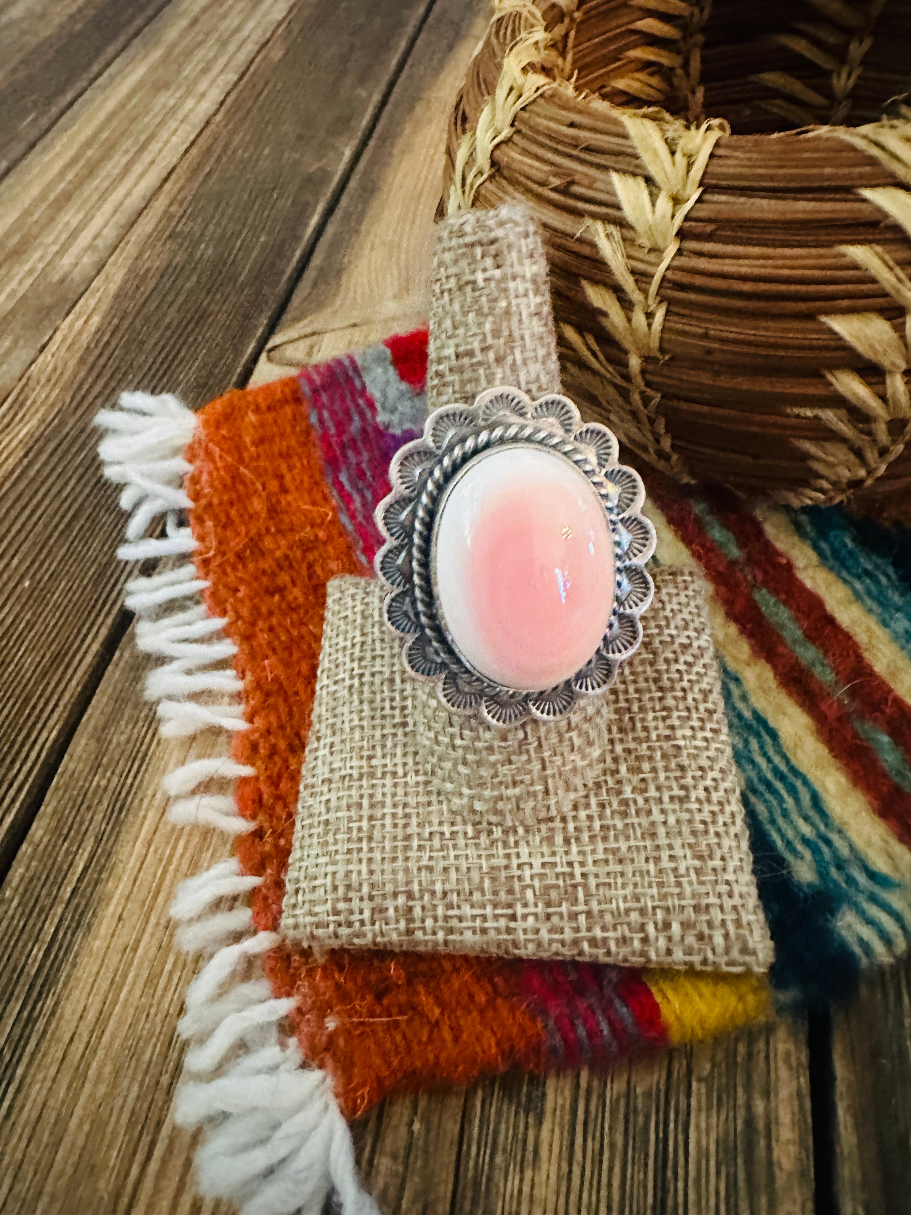 Handcrafted Queen Pink Conch & Sterling Silver Ring Size 8.75