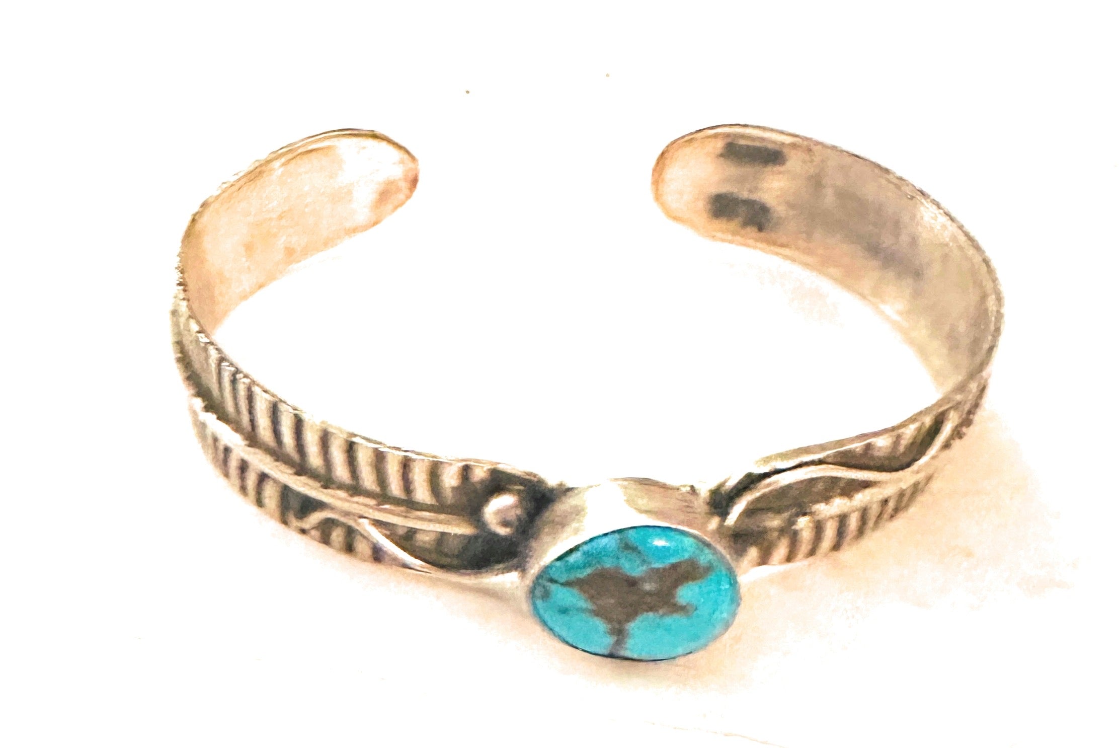 Navajo Turquoise & Sterling Silver Feather Cuff Bracelet