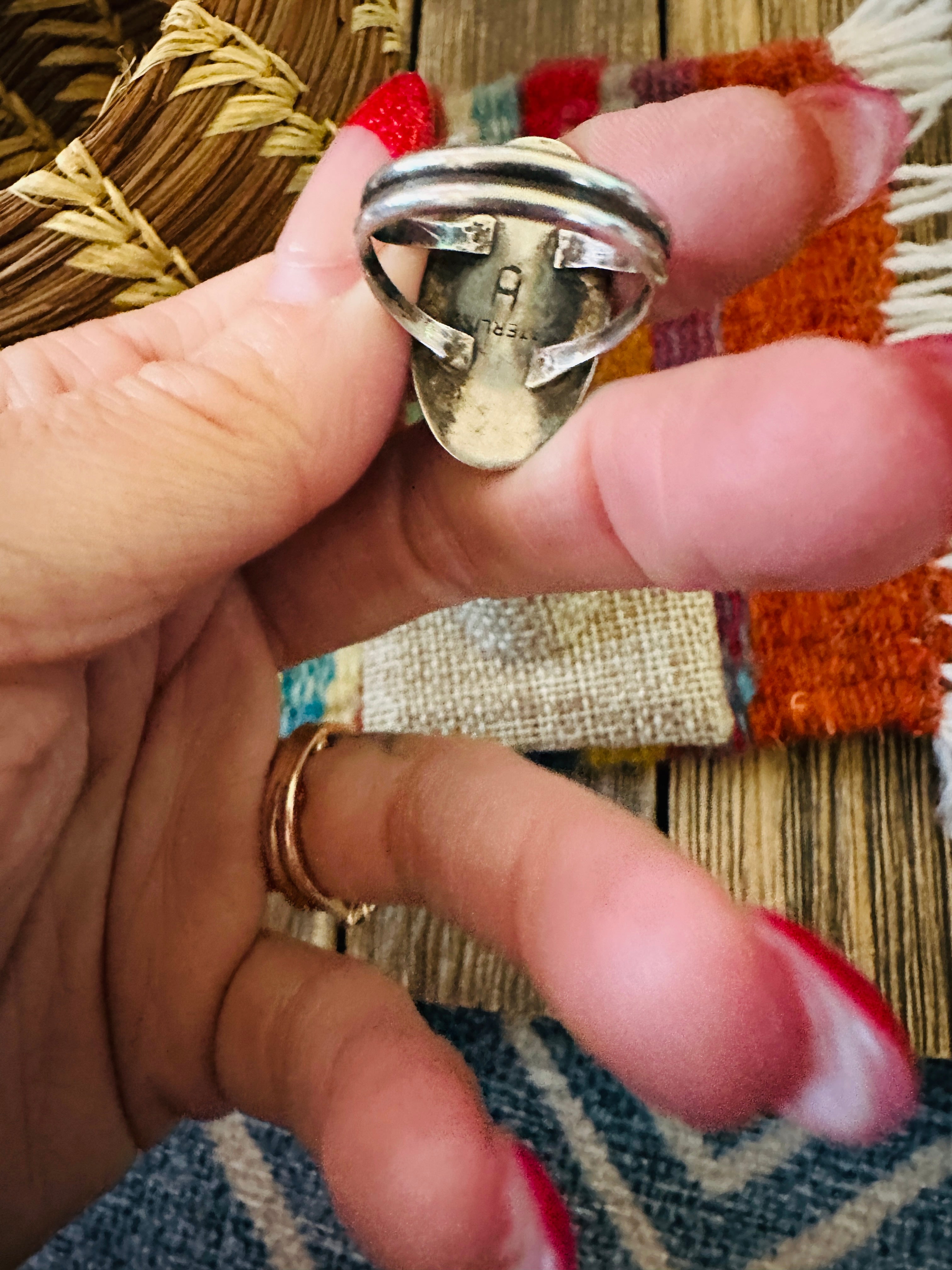 Old Pawn Handcrafted Turquoise & Sterling Silver Ring Size 8