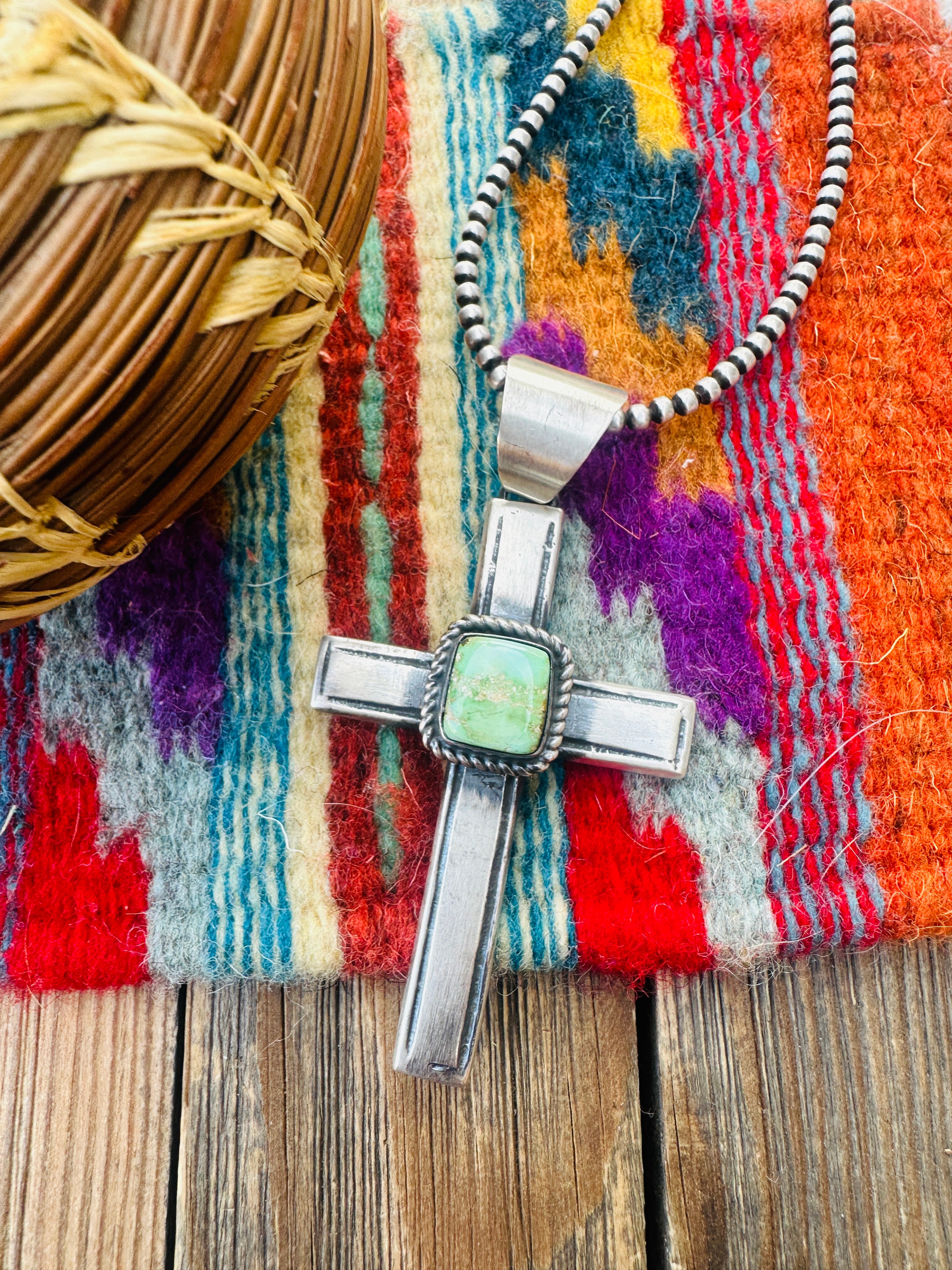 Handcrafted Sonoran Mountain Turquoise & Sterling Silver Cross Pendant by Chimney Butte