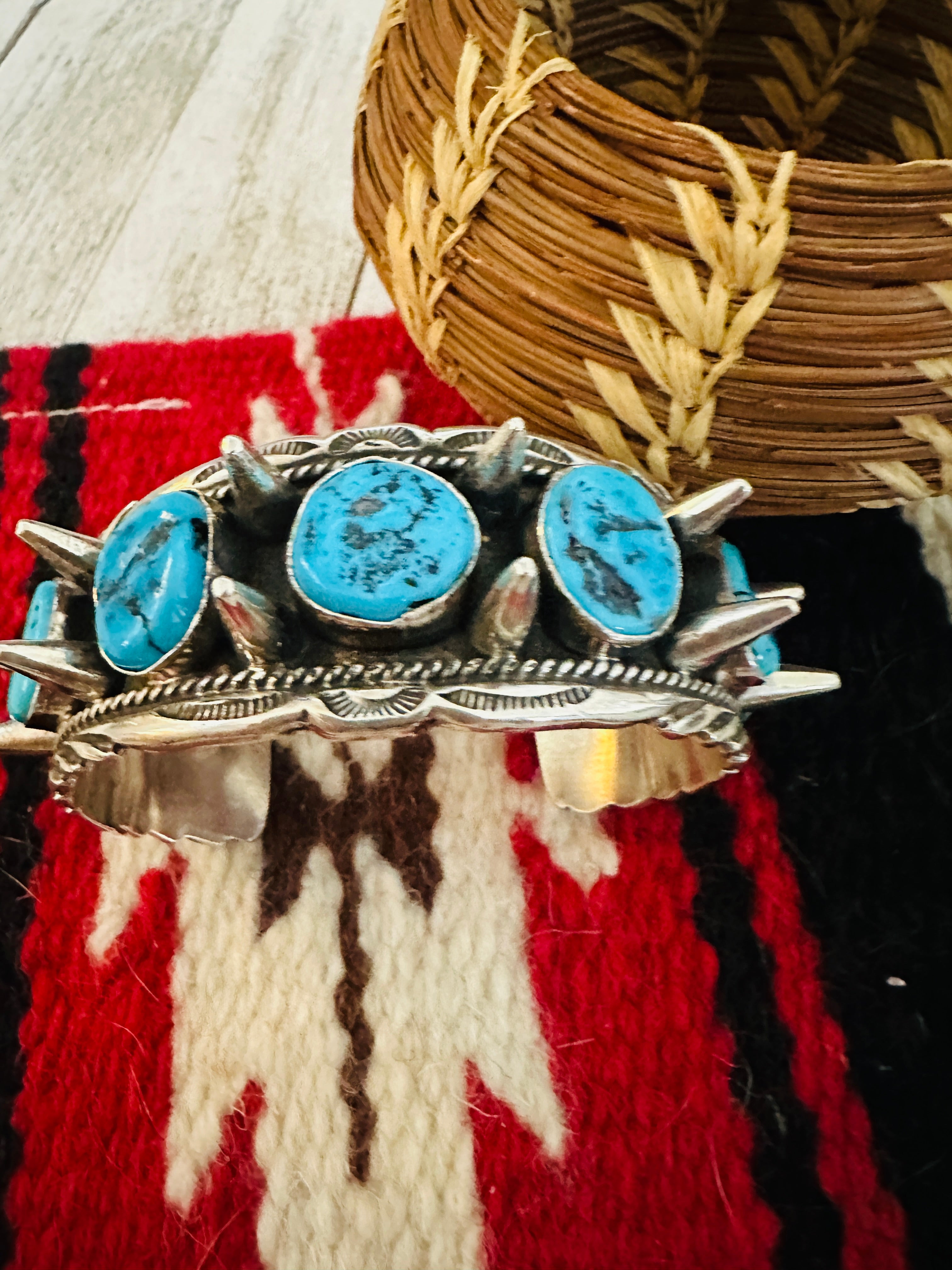 Navajo Kingman Turquoise & Sterling Silver Spiked Cuff Bracelet