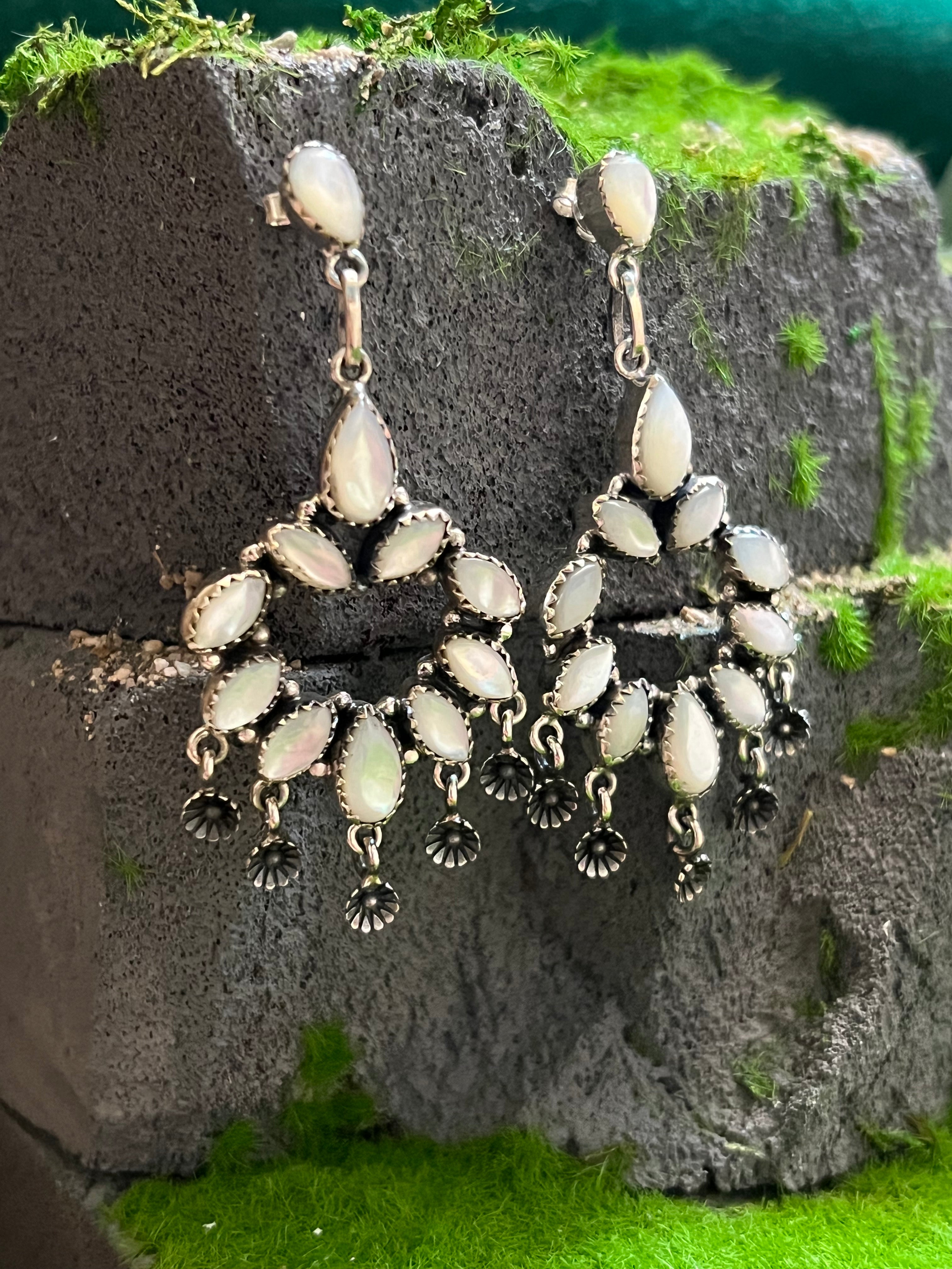 Handmade Mother Of Pearl Cluster Sterling Silver Dangle Earrings