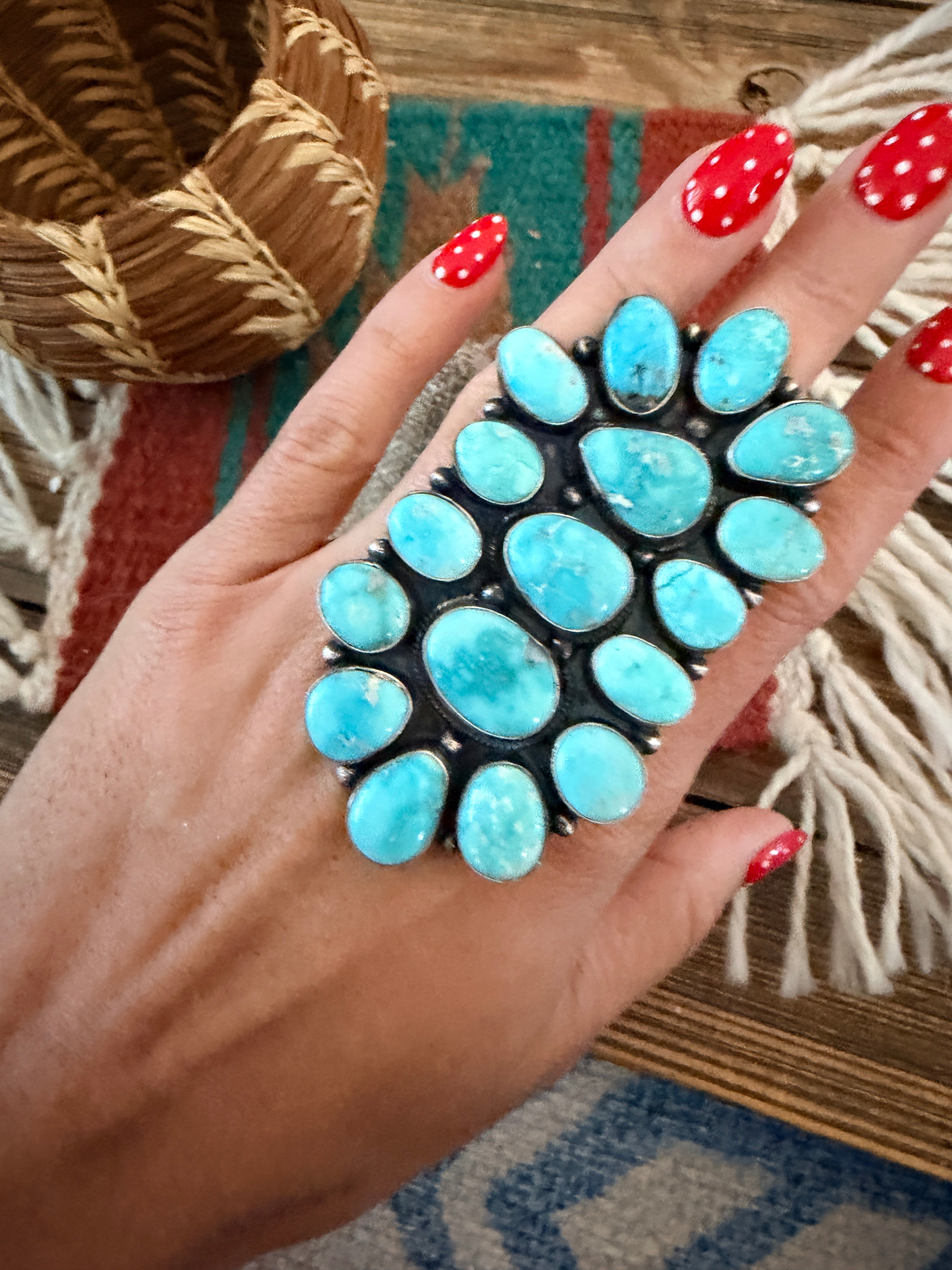 Handcrafted Kingman Turquoise & Sterling Silver Cluster Ring by Sheila Becenti