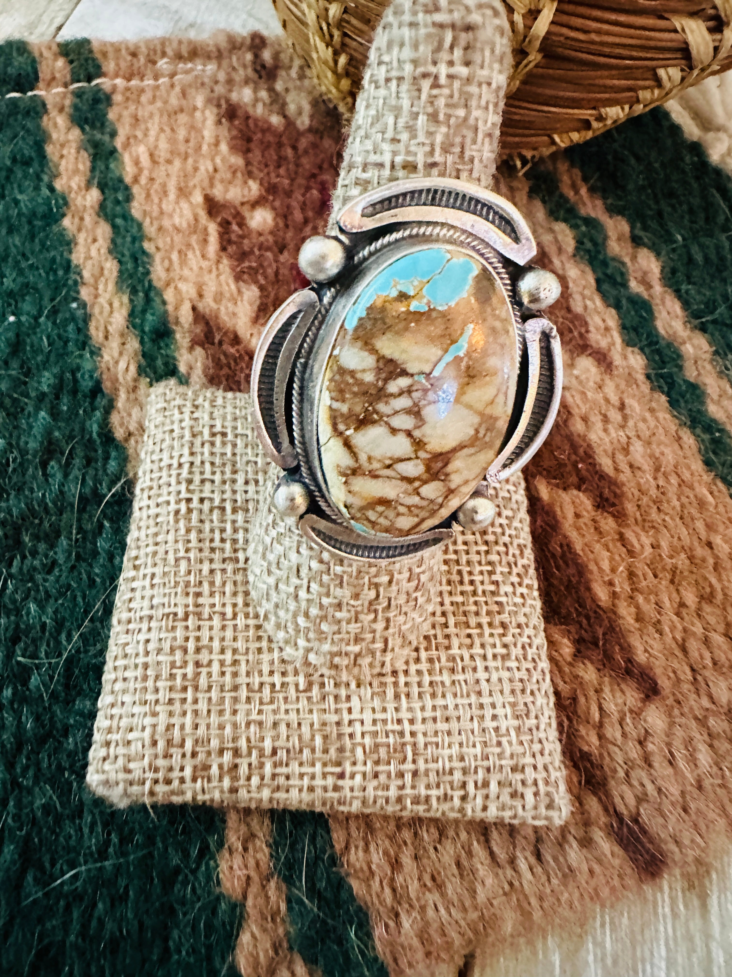 Handcrafted Sterling Silver & Ribbon Turquoise Ring Size 7.75