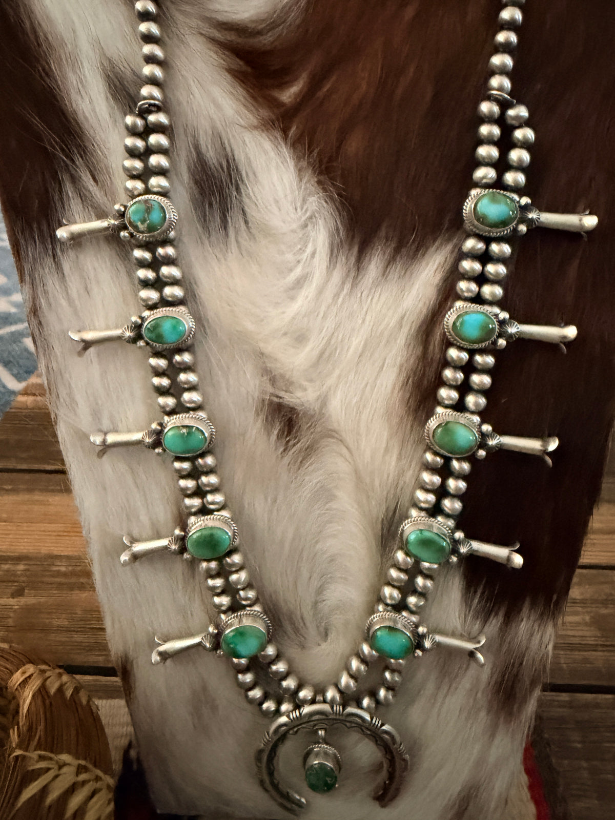 Handcrafted Sonoran Mountain Turquoise & Sterling Silver Beaded Squash Blossom Necklace Set by Melvin Francis