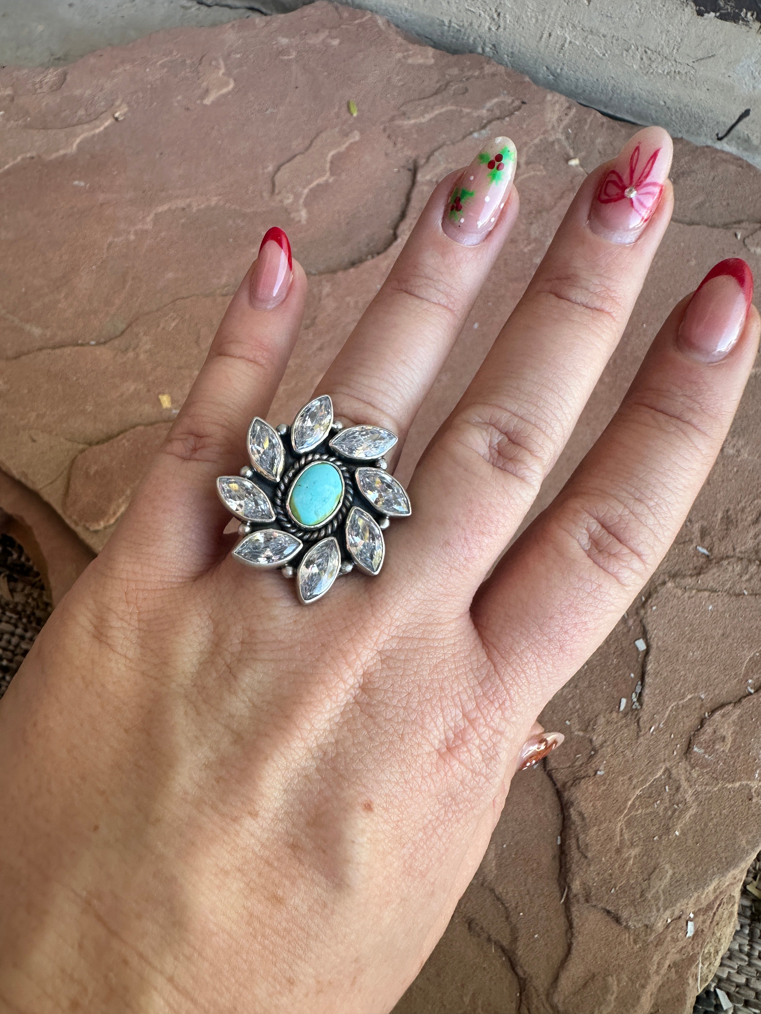 Beautiful Handmade Sonoran Mountain Turquoise , CZ And Sterling Silver Adjustable Ring