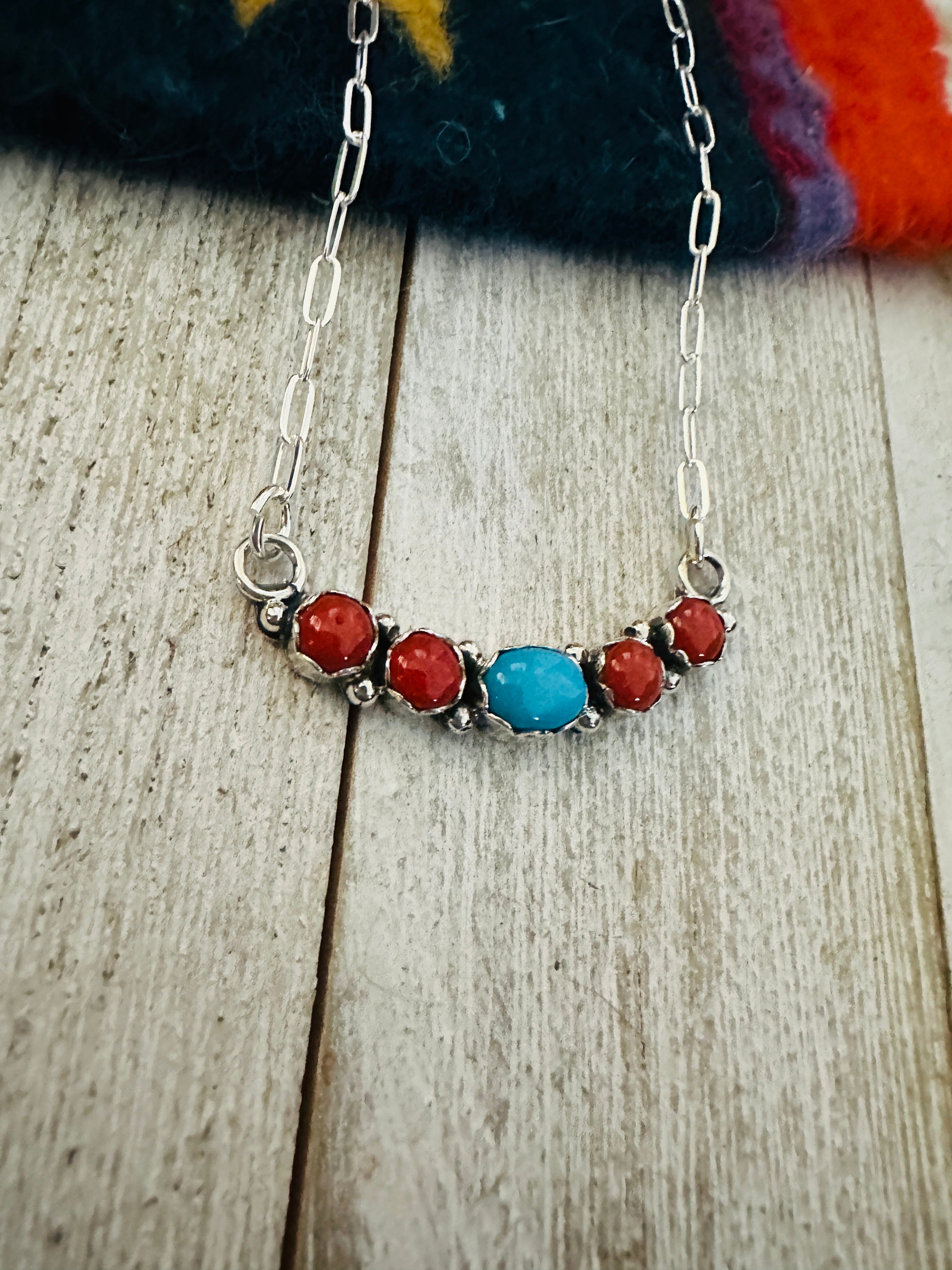 Navajo Coral, Turquoise & Sterling Silver Necklace