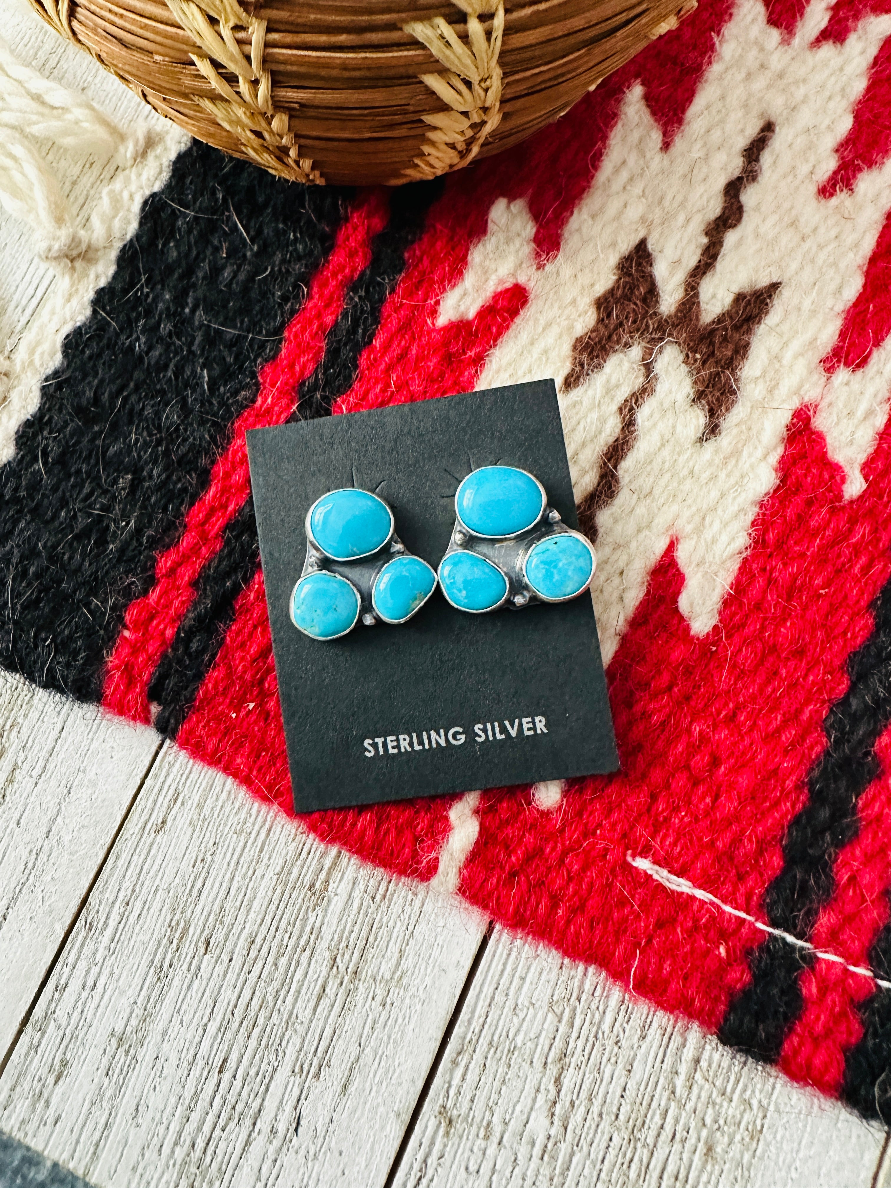 Navajo Sterling Silver & Turquoise Cluster Post Earrings Signed