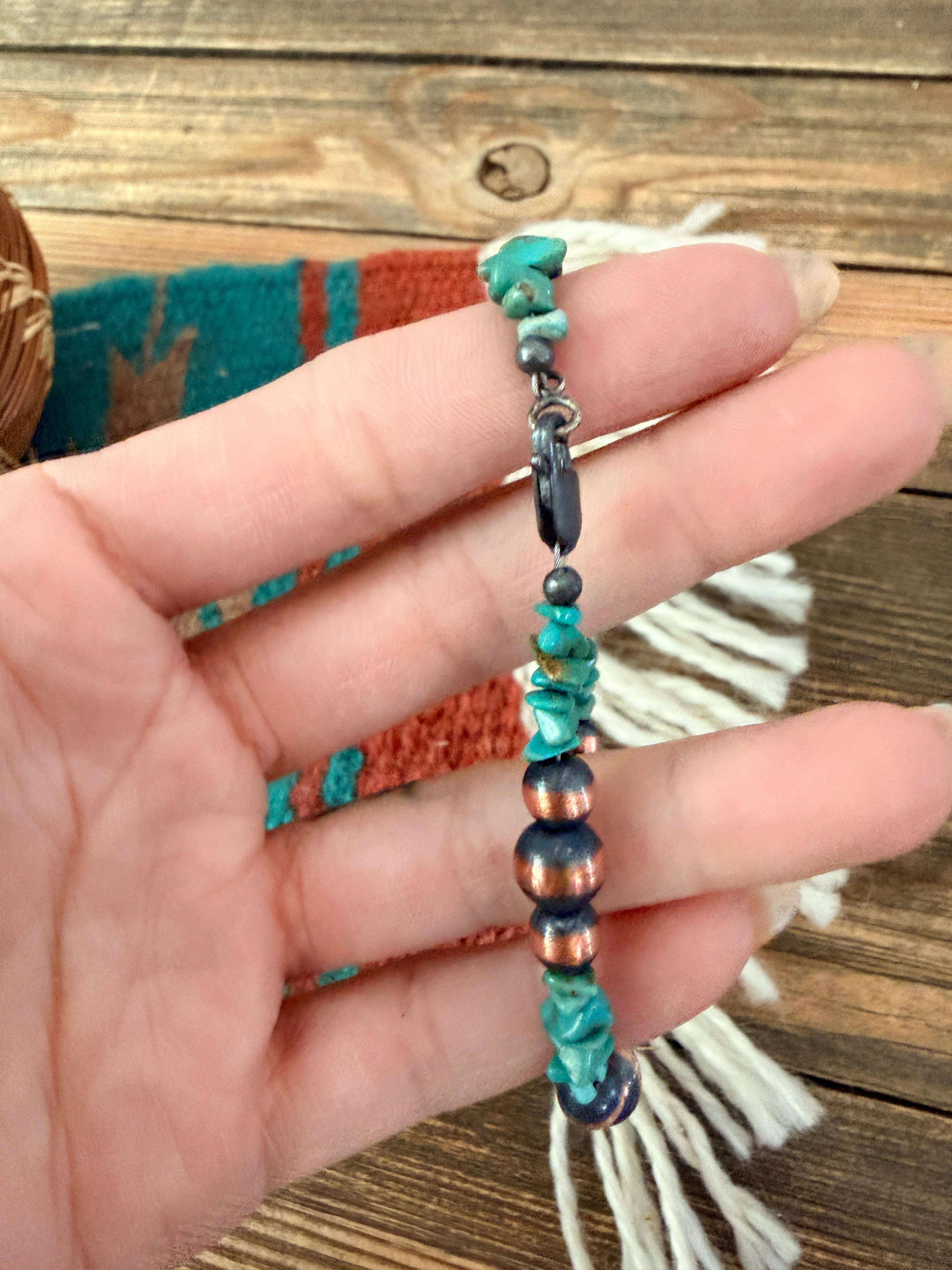 Handcrafted Turquoise & Copper Beaded Bracelet 7.5”