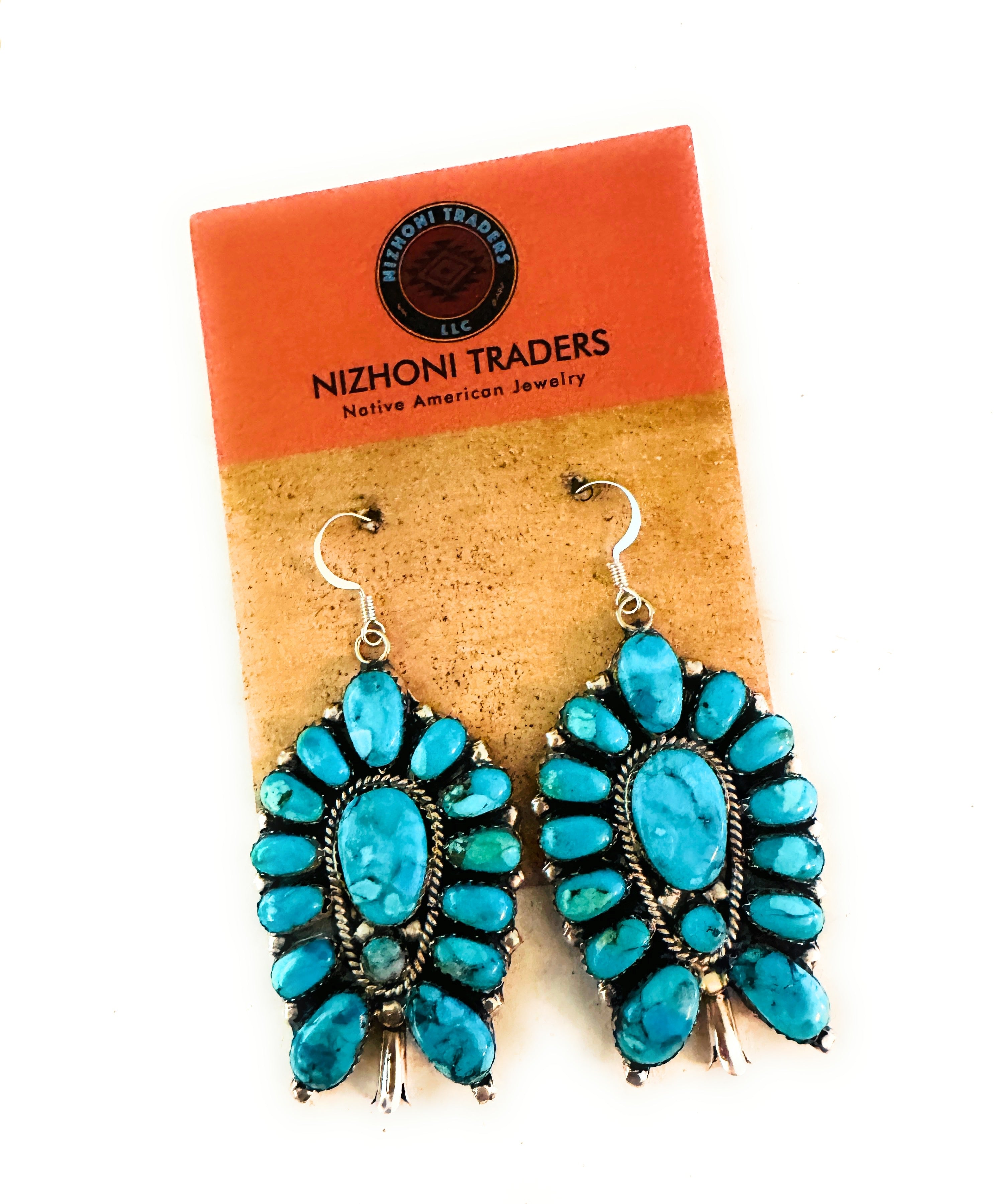 Navajo Turquoise & Sterling Silver Cluster Blossom Dangle Earrings