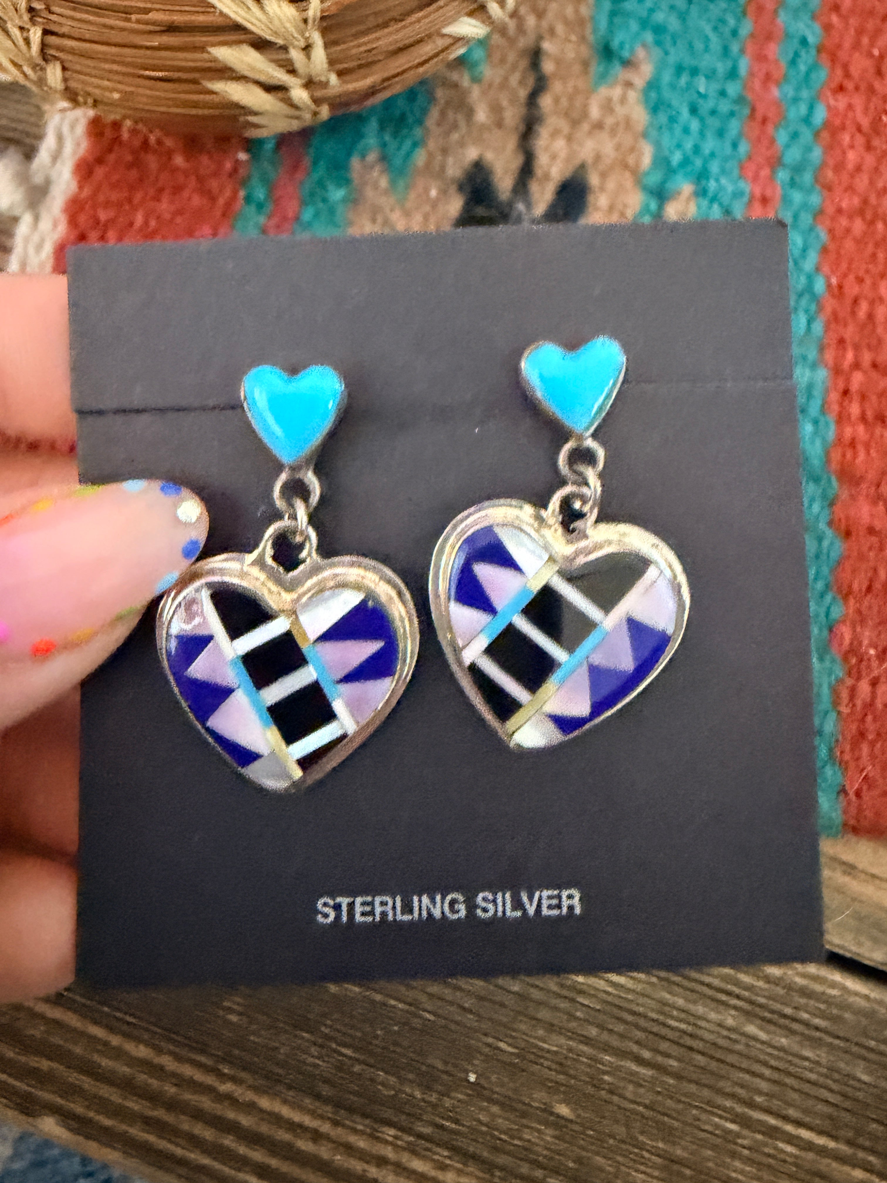 Old Pawn Handcrafted Sterling Silver & Multi Stone Inlay Heart Dangle Earrings
