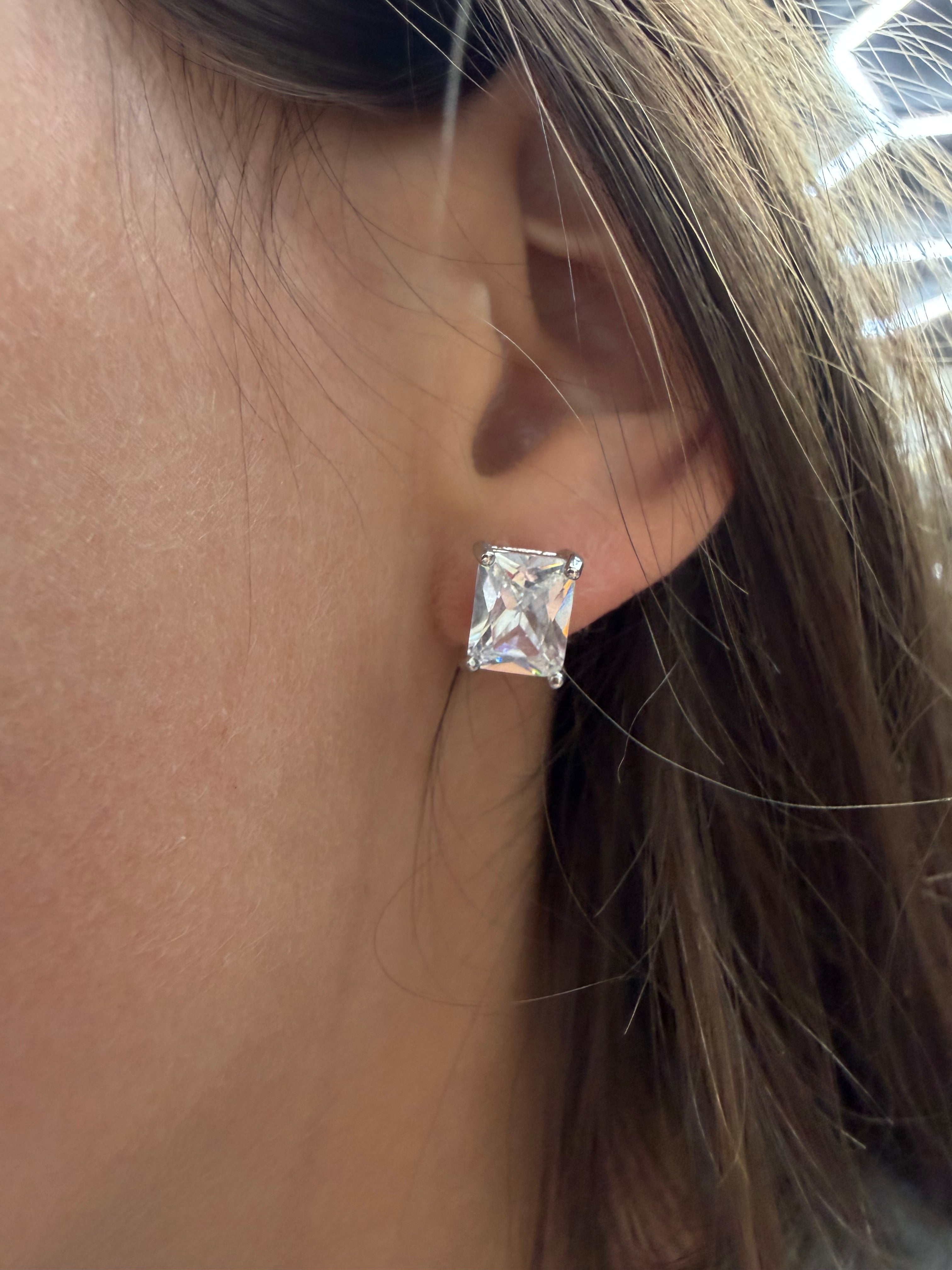 Silver Emerald Cut CZ Stud Earrings