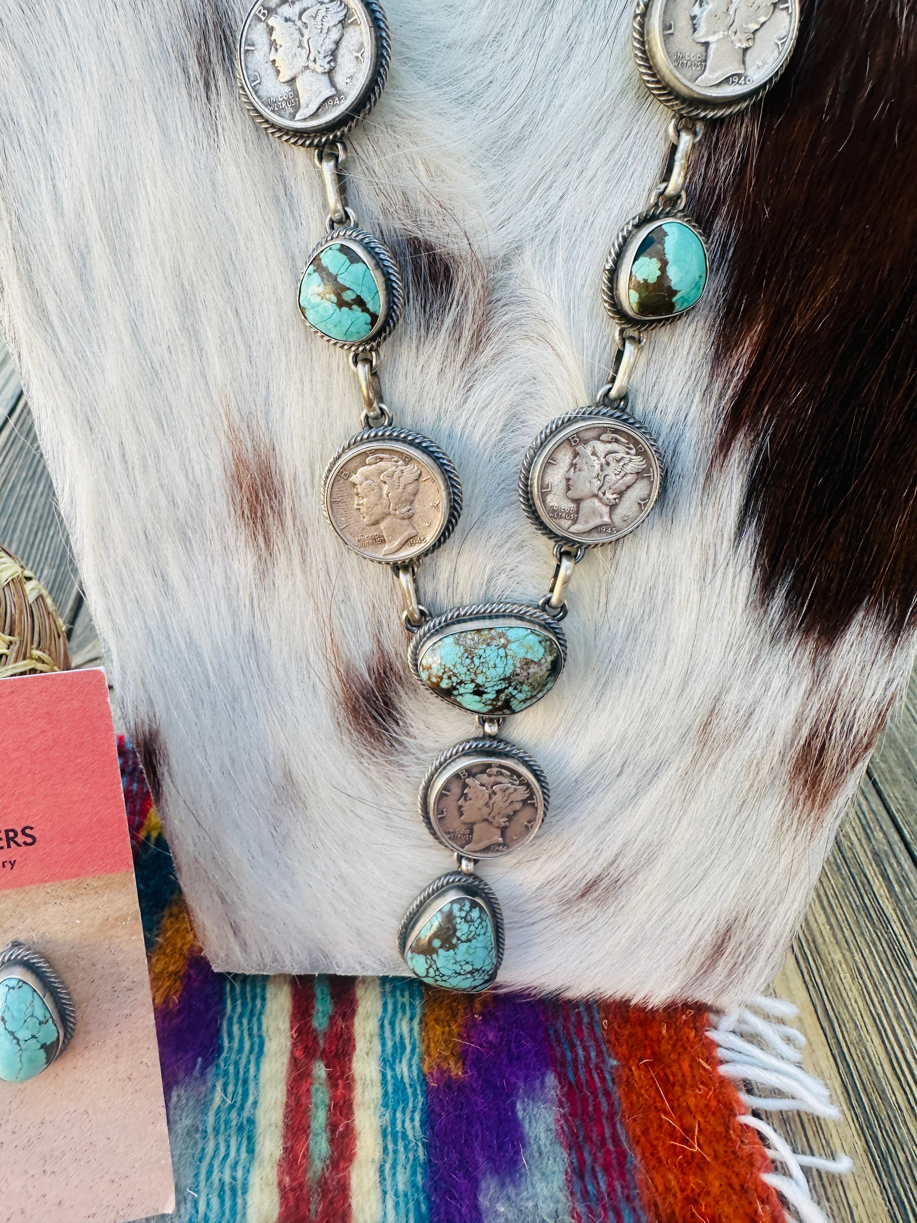 Handcrafted Turquoise & Sterling Silver Liberty Dime Necklace and Earrings Set
