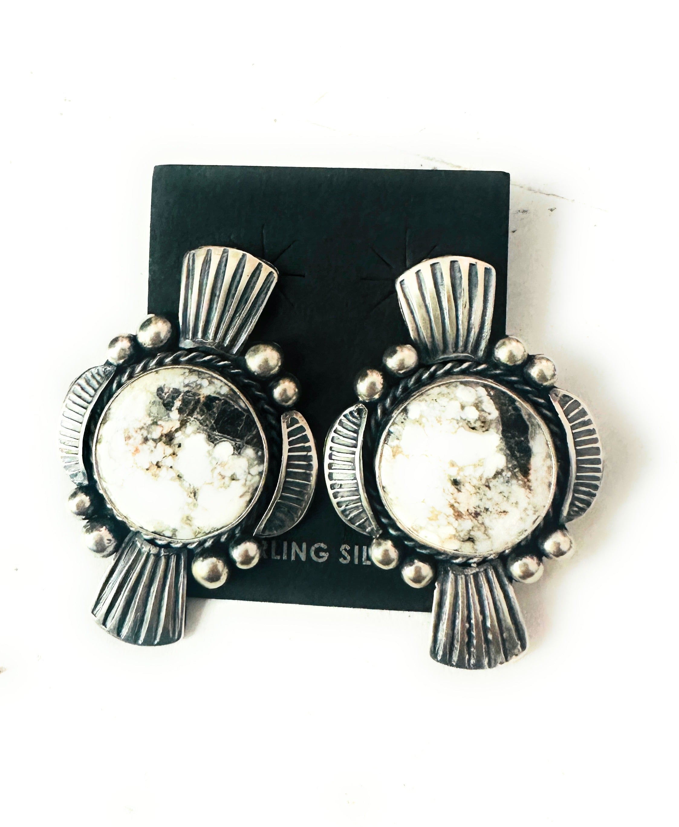 Navajo White Buffalo & Sterling Silver Post Earrings