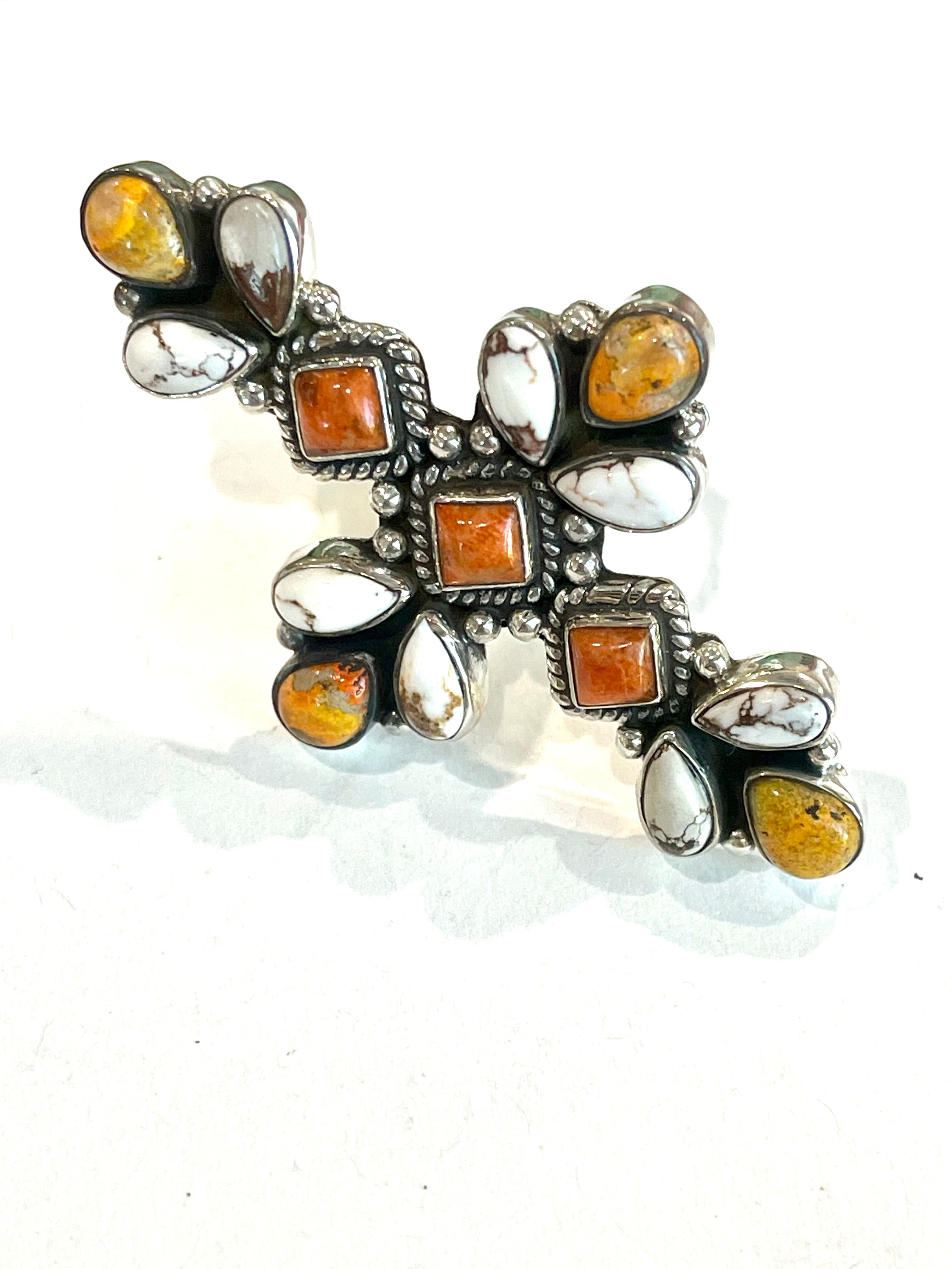 Beautiful Handmade Bumble Bee, Orange Mojave, Wild Horse And Sterling Silver Adjustable Ring