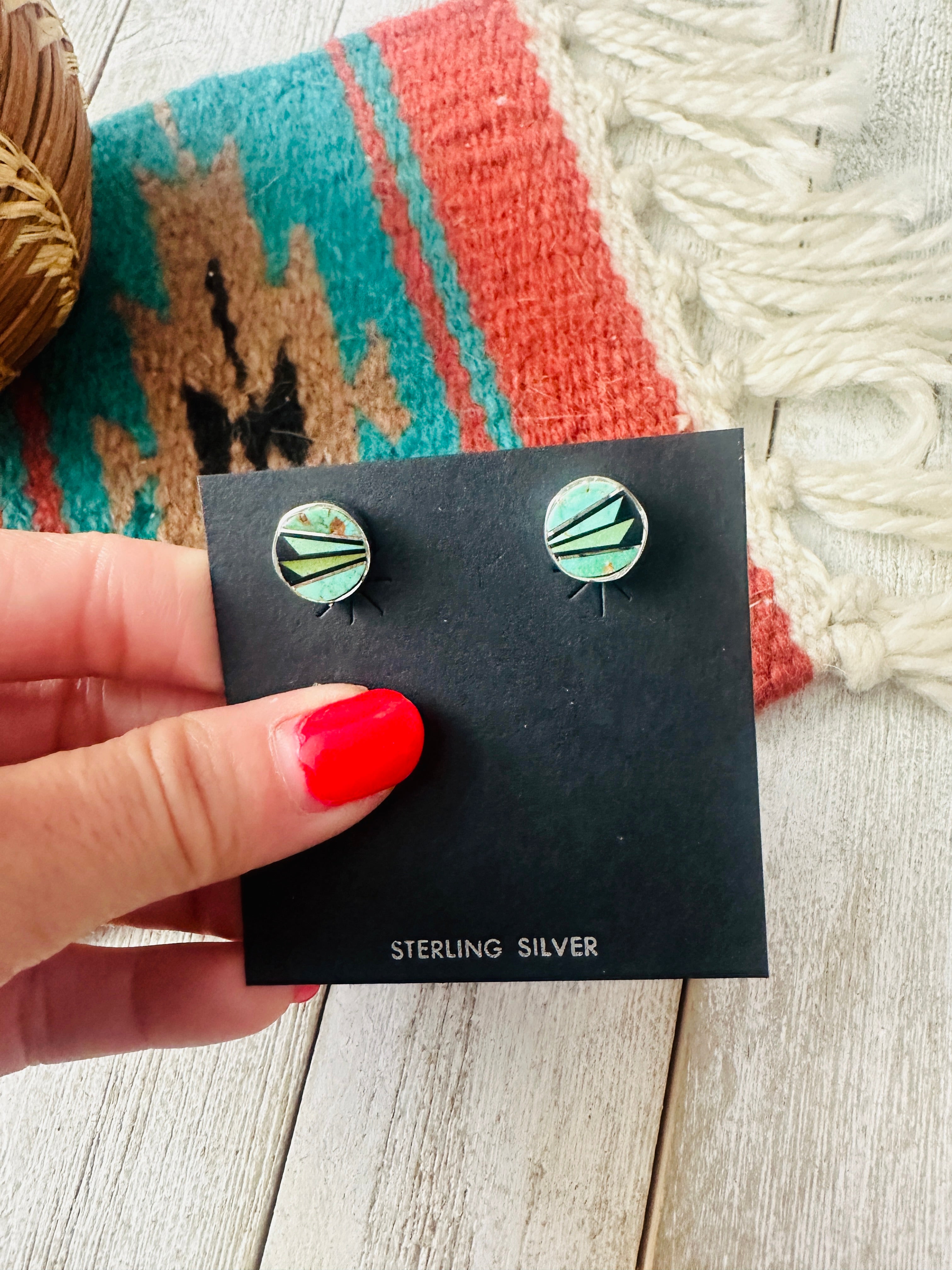 Navajo Turquoise, Onyx & Sterling Silver Inlay Stud Earrings