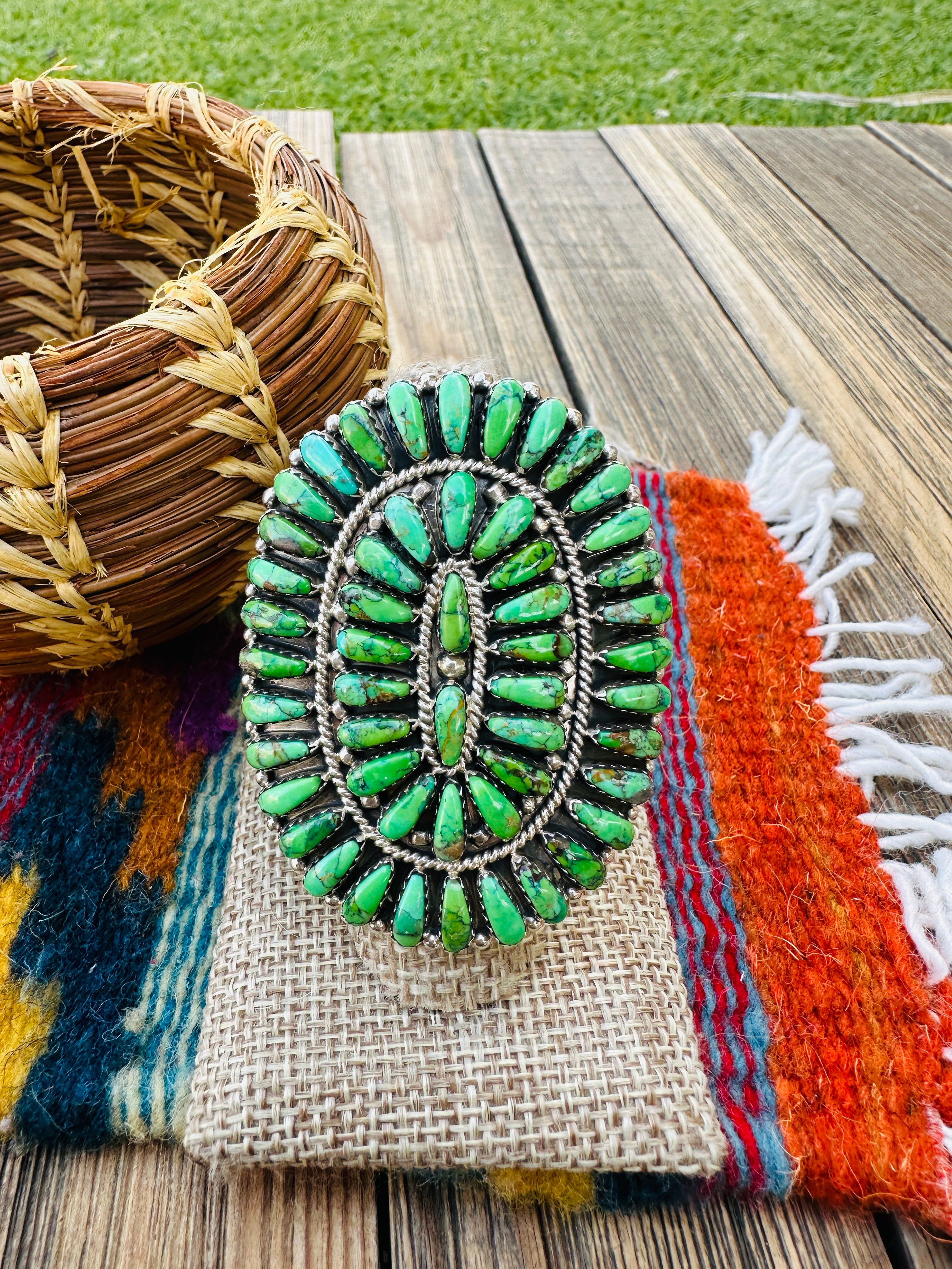 Handcrafted Green Turquoise & Sterling Silver Cluster Adjustable Ring