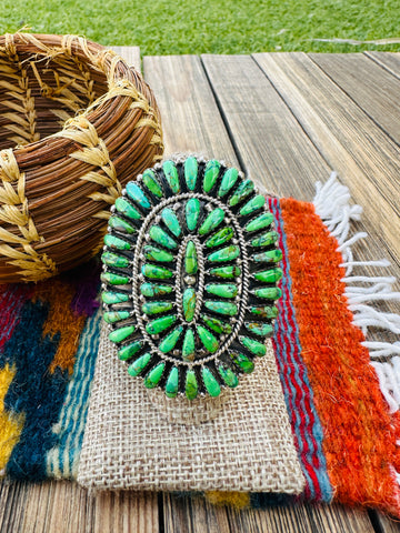 Handcrafted Green Turquoise & Sterling Silver Cluster Adjustable Ring