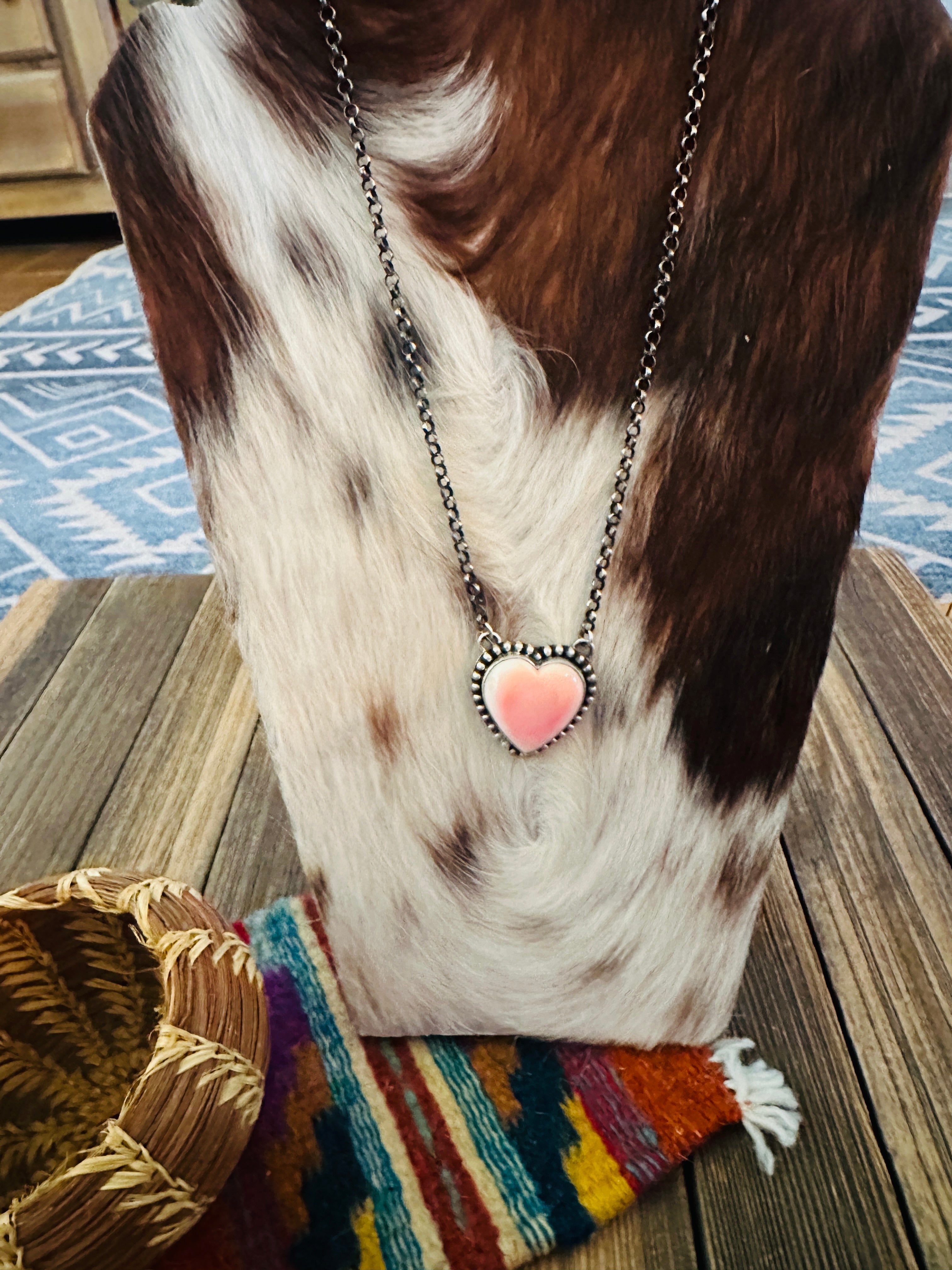 Handcrafted Queen Pink Conch & Sterling Silver Heart Necklace by Emer Thompson