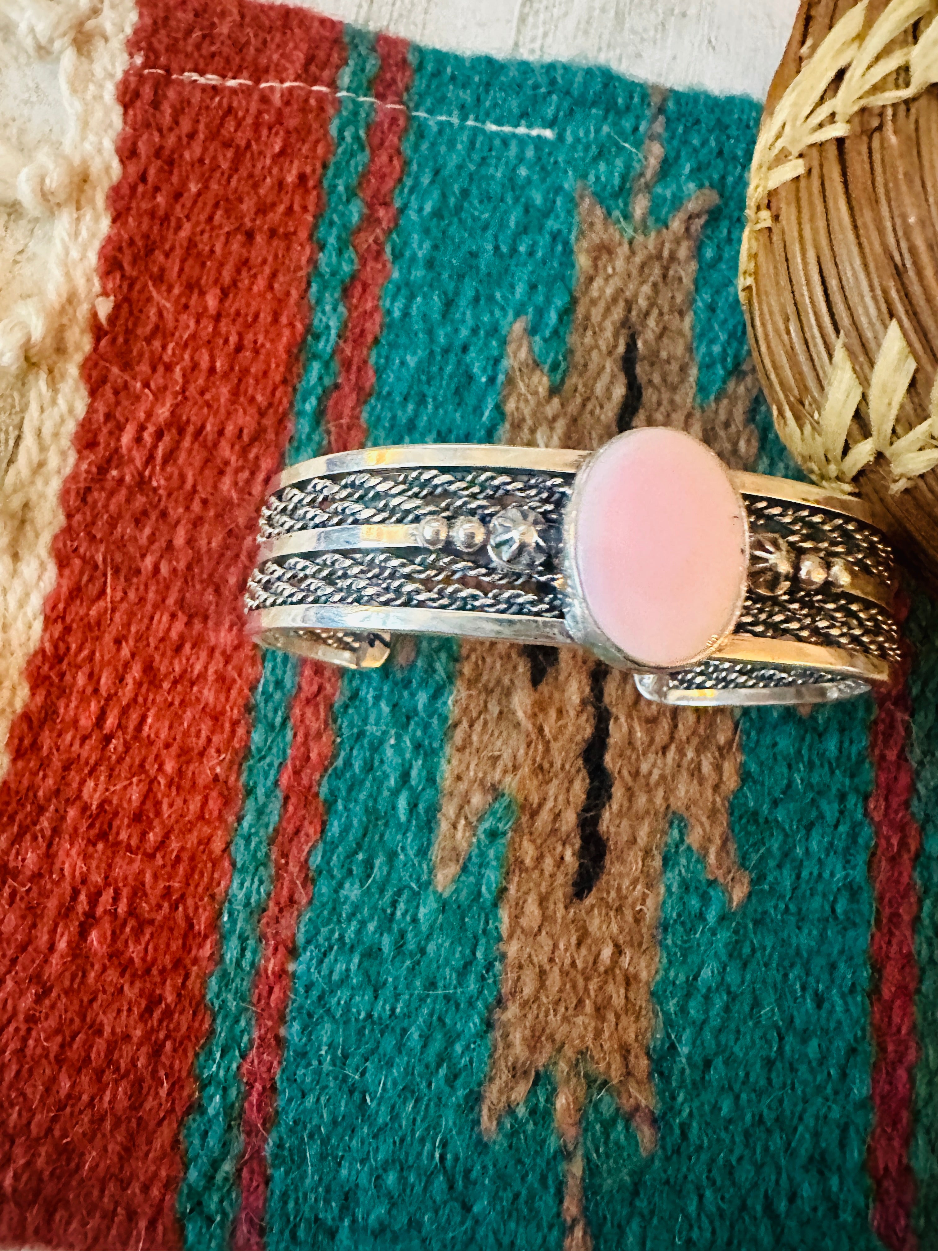 Navajo Queen Pink Conch Shell & Sterling Silver Cuff Bracelet