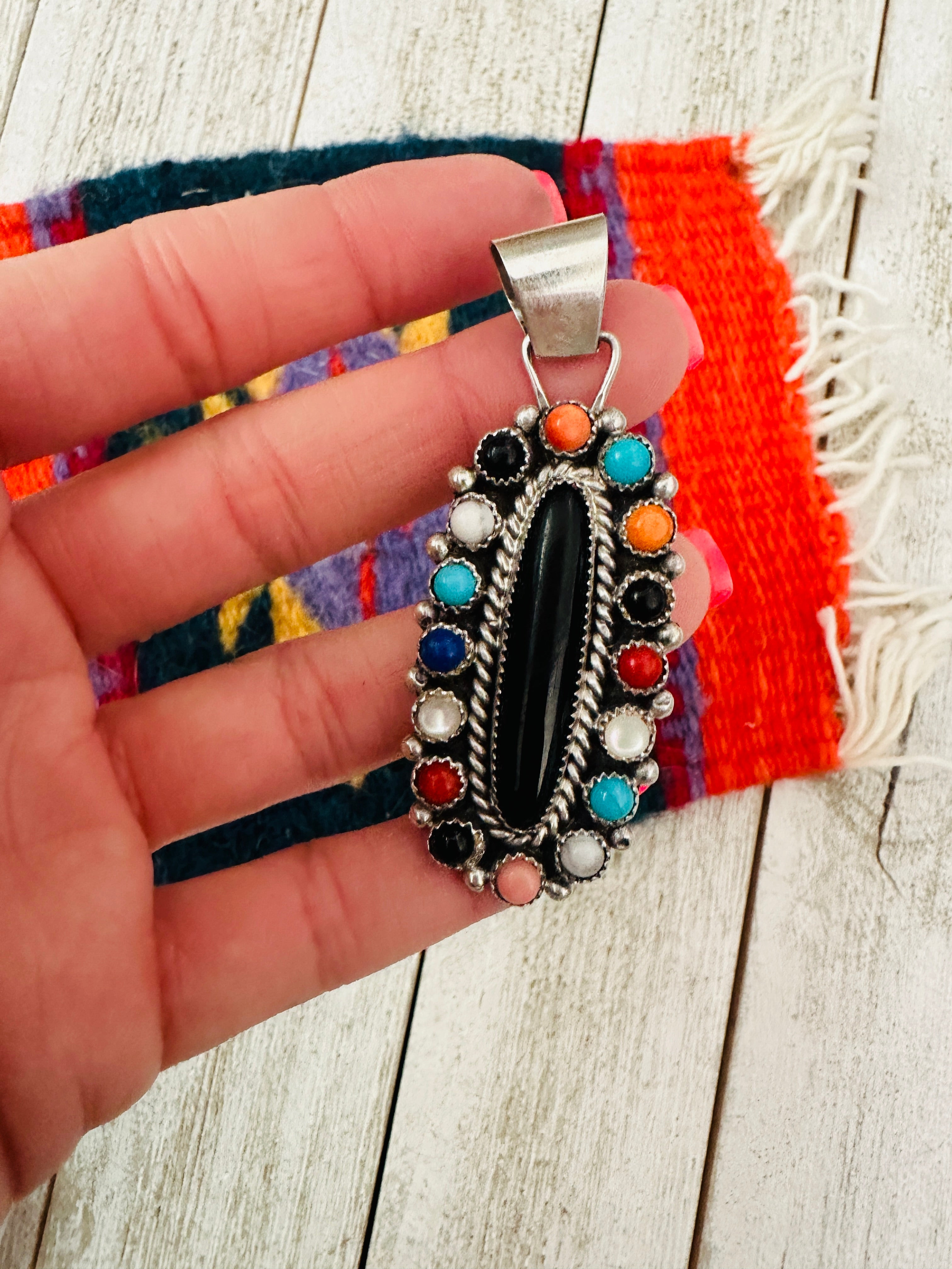 Navajo Multi Stone & Sterling Silver Cluster Pendant