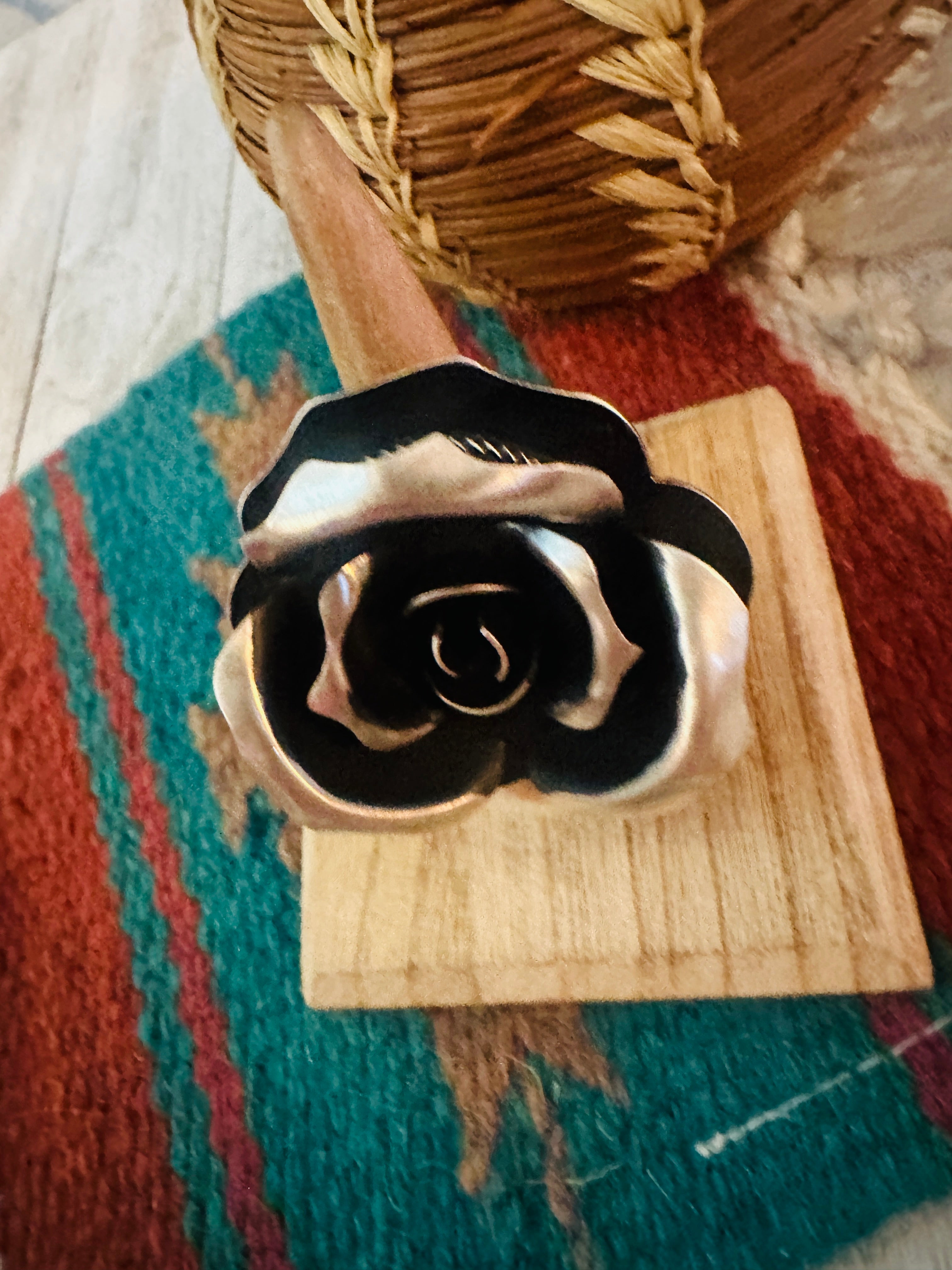 Navajo Sterling Silver Rose Adjustable Ring by Leander Tahe