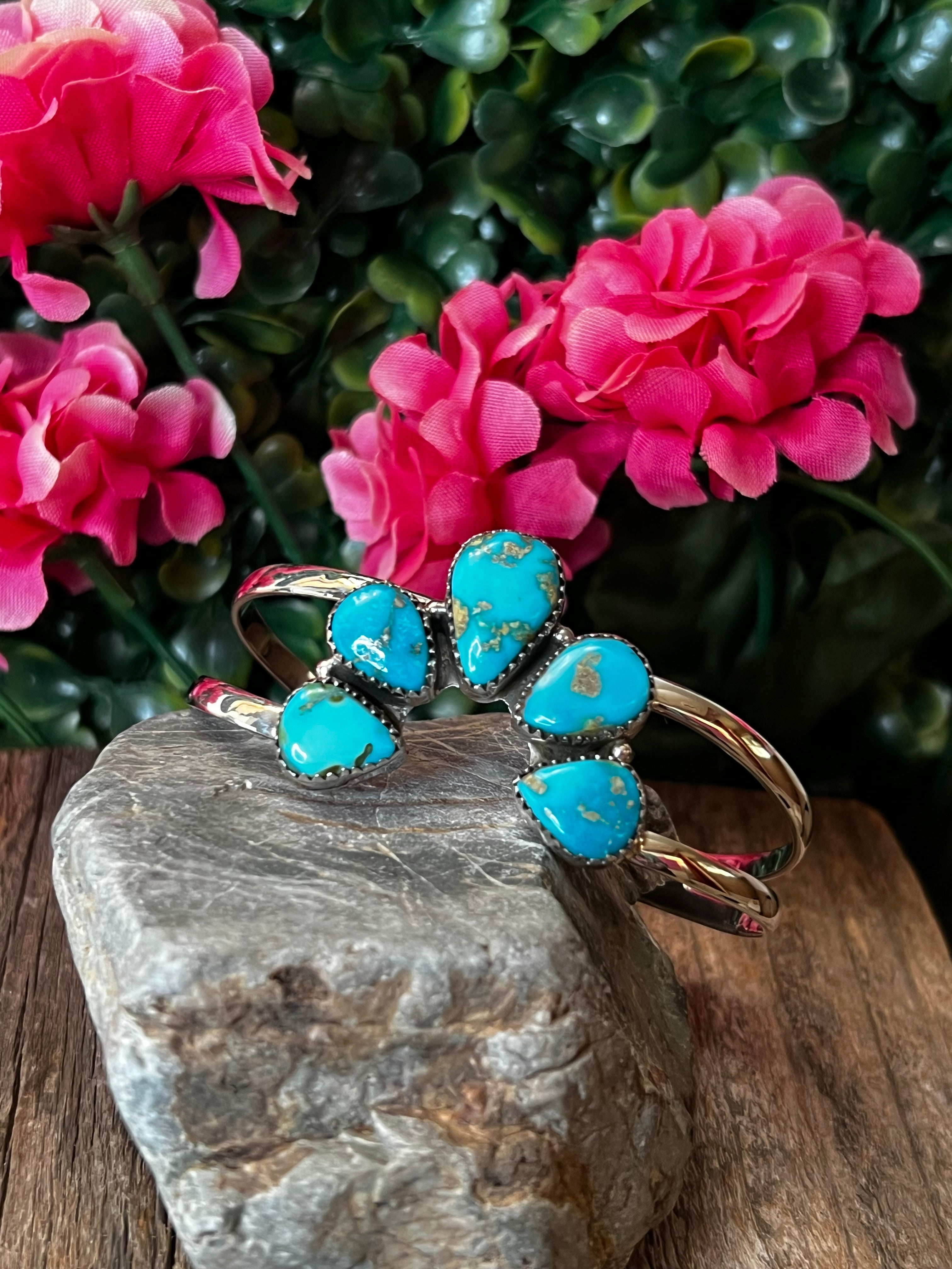 Handmade South Hill Turquoise Cluster & Sterling Silver Cuff Bracelet