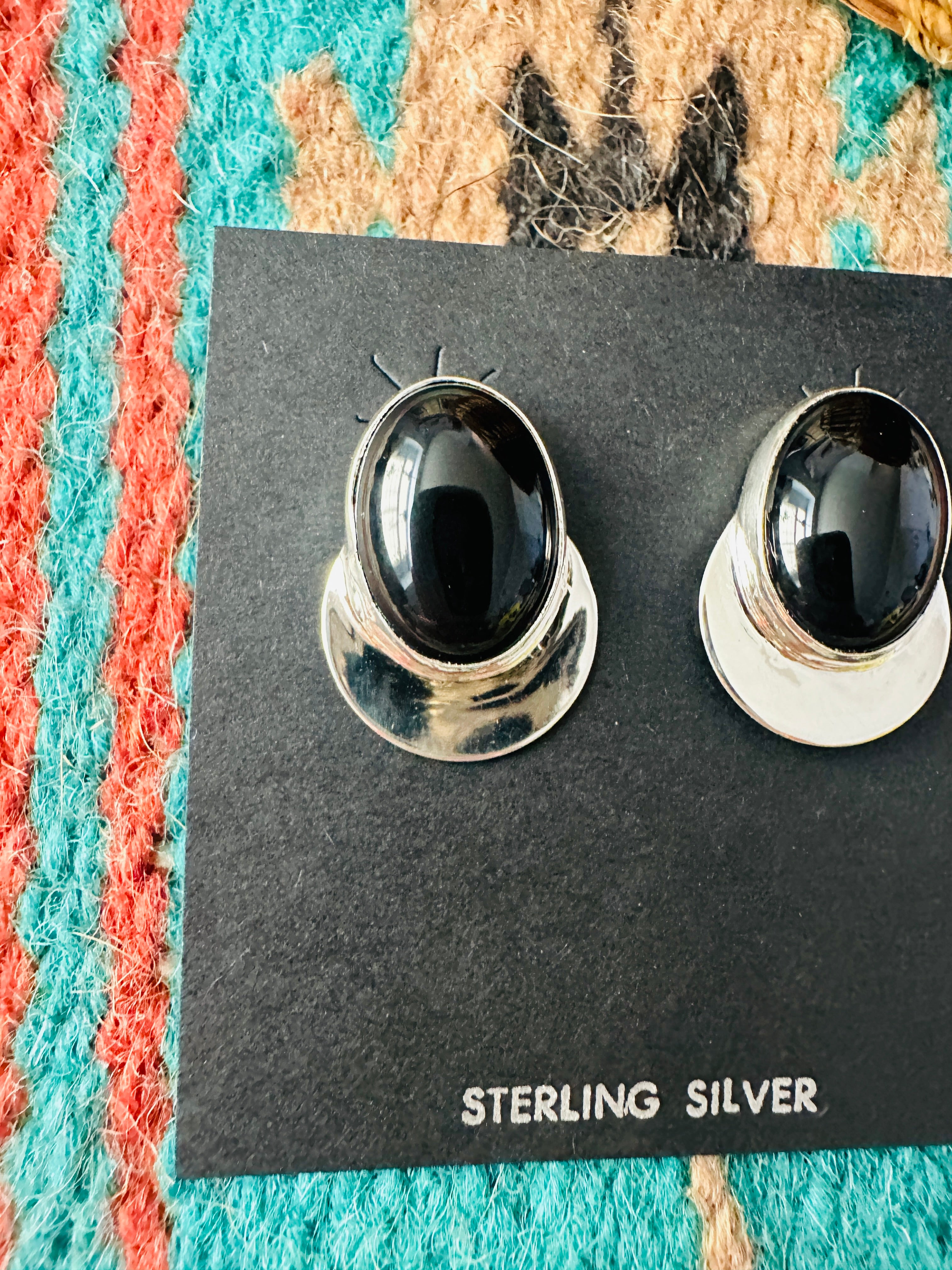 Navajo Onyx & Sterling Silver Post Earrings