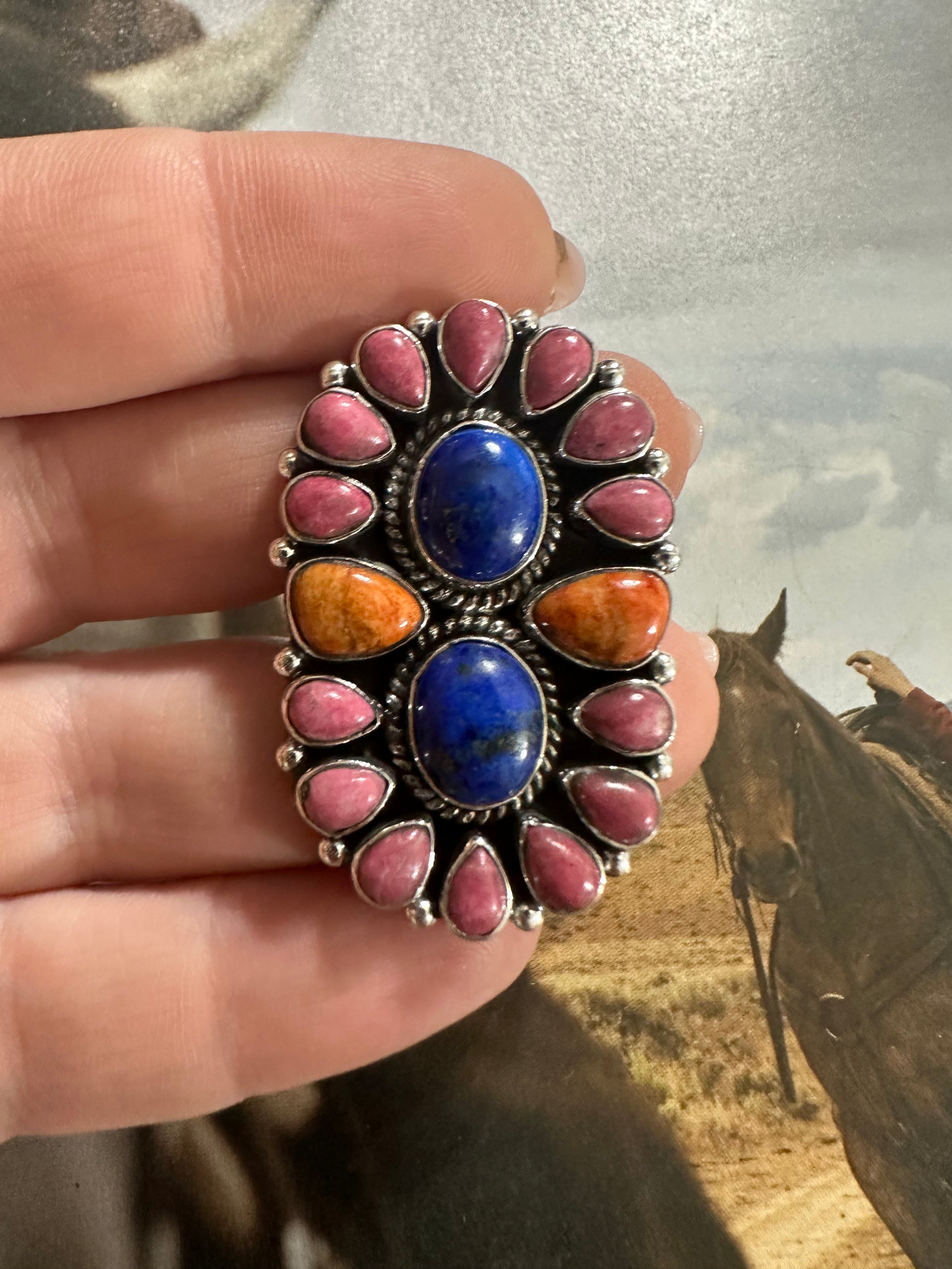 Handmade Orange Mojave, Lapis, Rhodonite And Sterling Silver Adjustable Ring