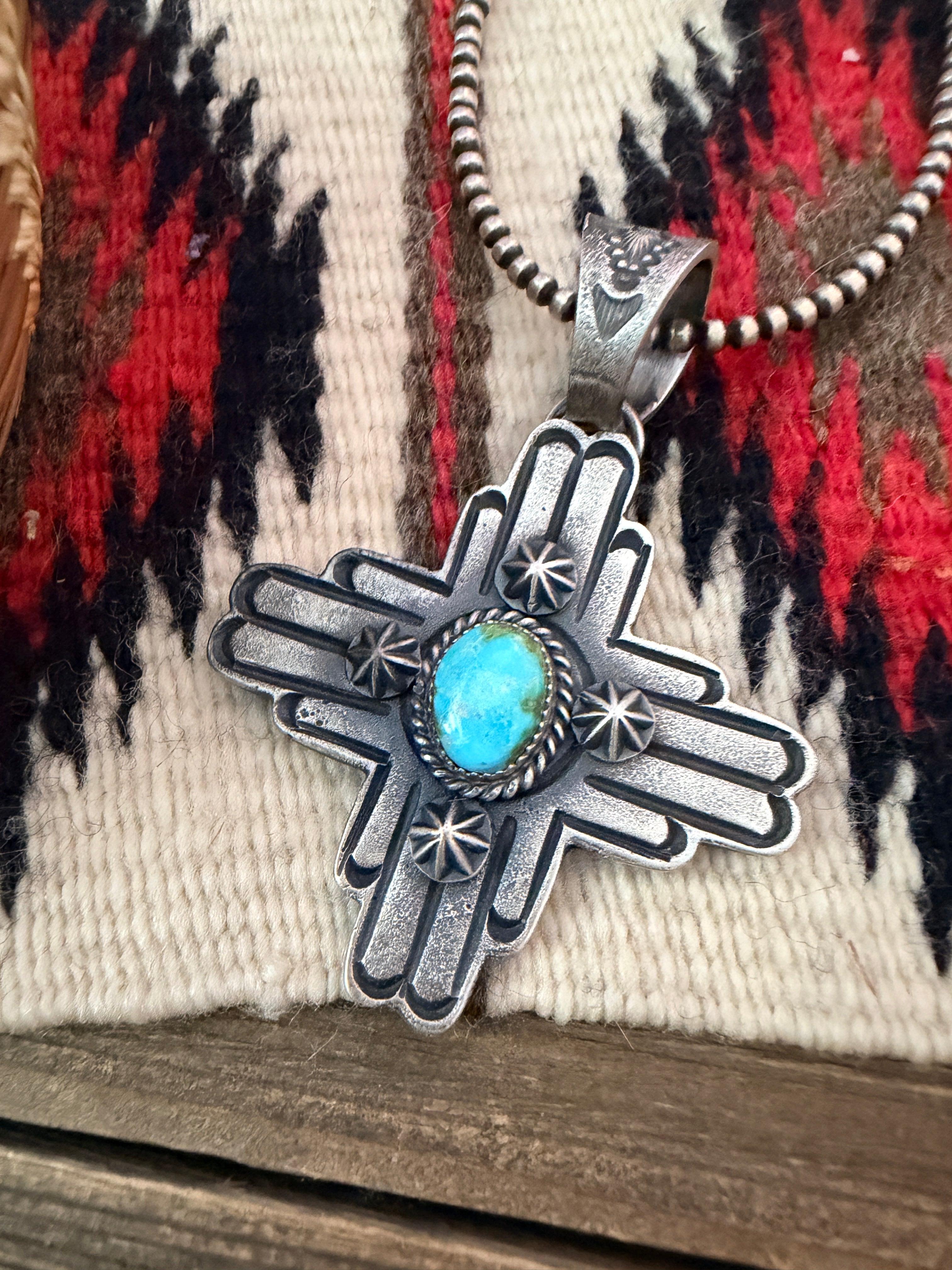 Handcrafted Sterling Silver & Sonoran Mountain Turquoise Zia Cross Pendant by Kevin Billah