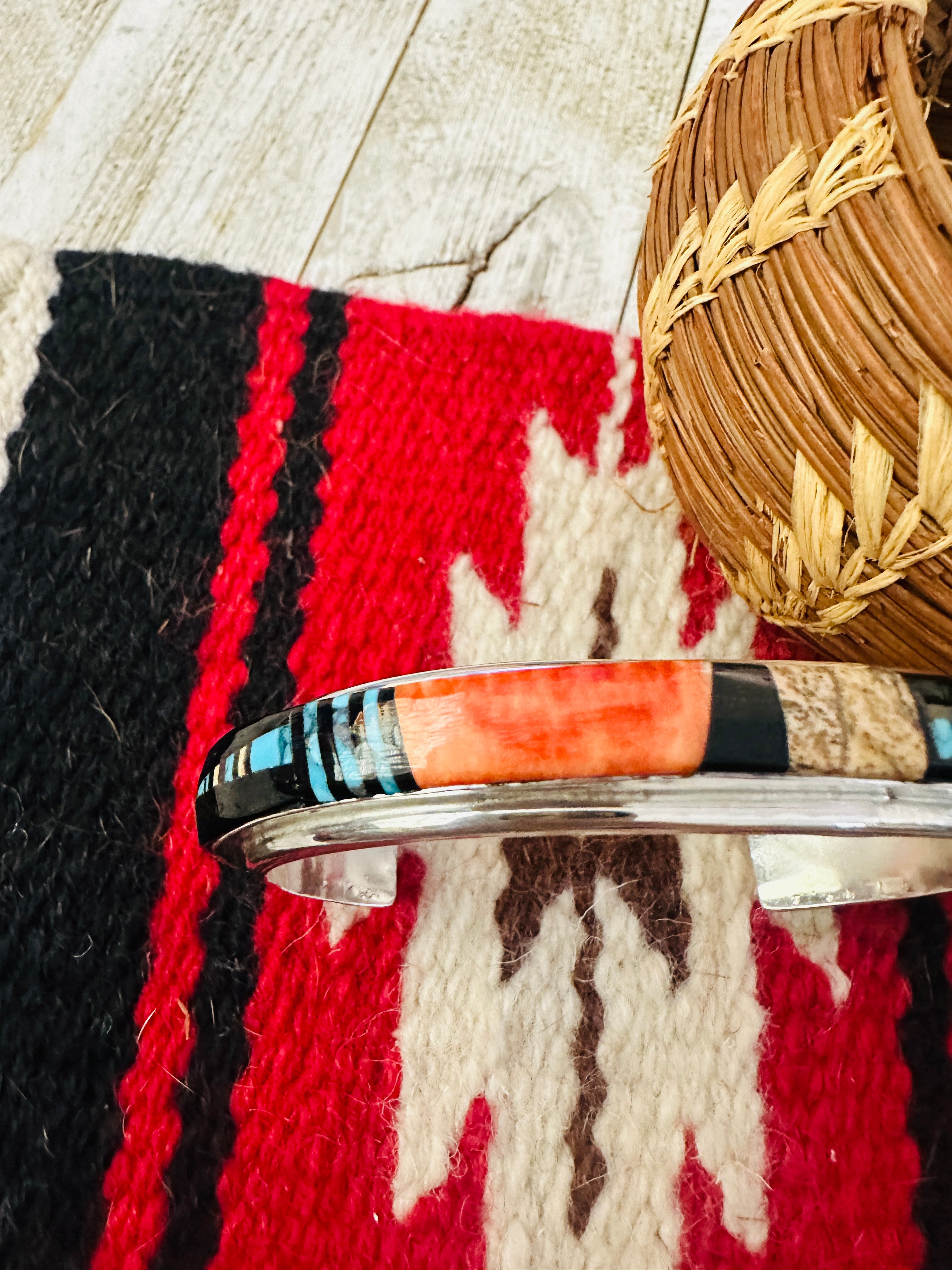 Handcrafted Multi Stone & Sterling Silver Inlay Cuff Bracelet by Ray Jack