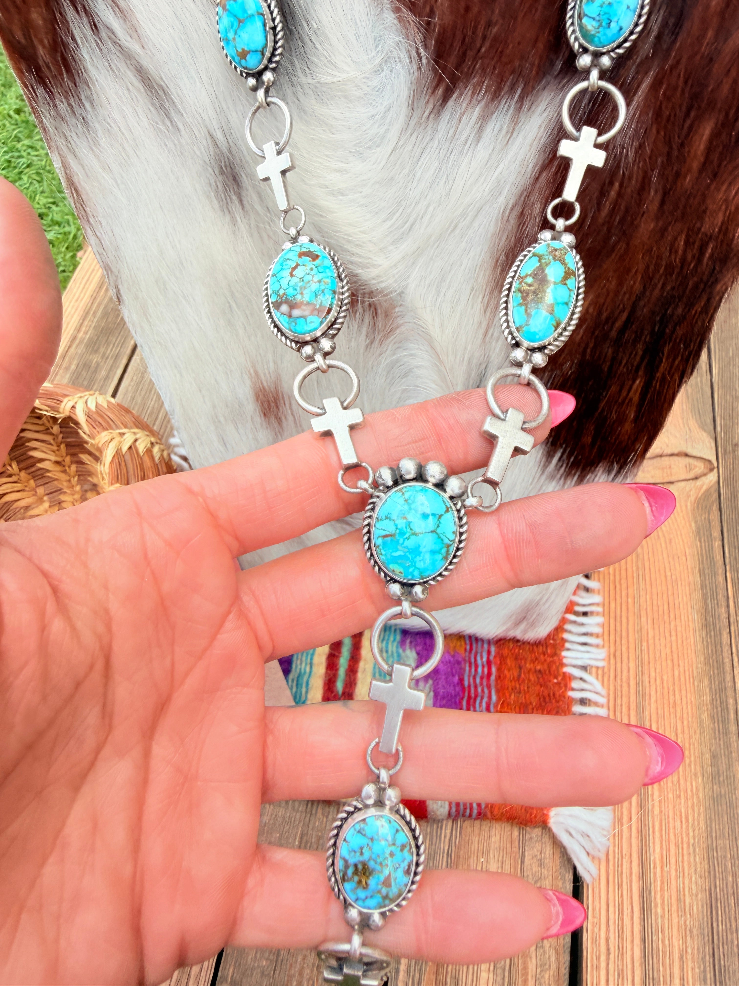 Handcrafted Turquoise & Sterling Silver Cross Necklace and Earring Set by Fred Francis
