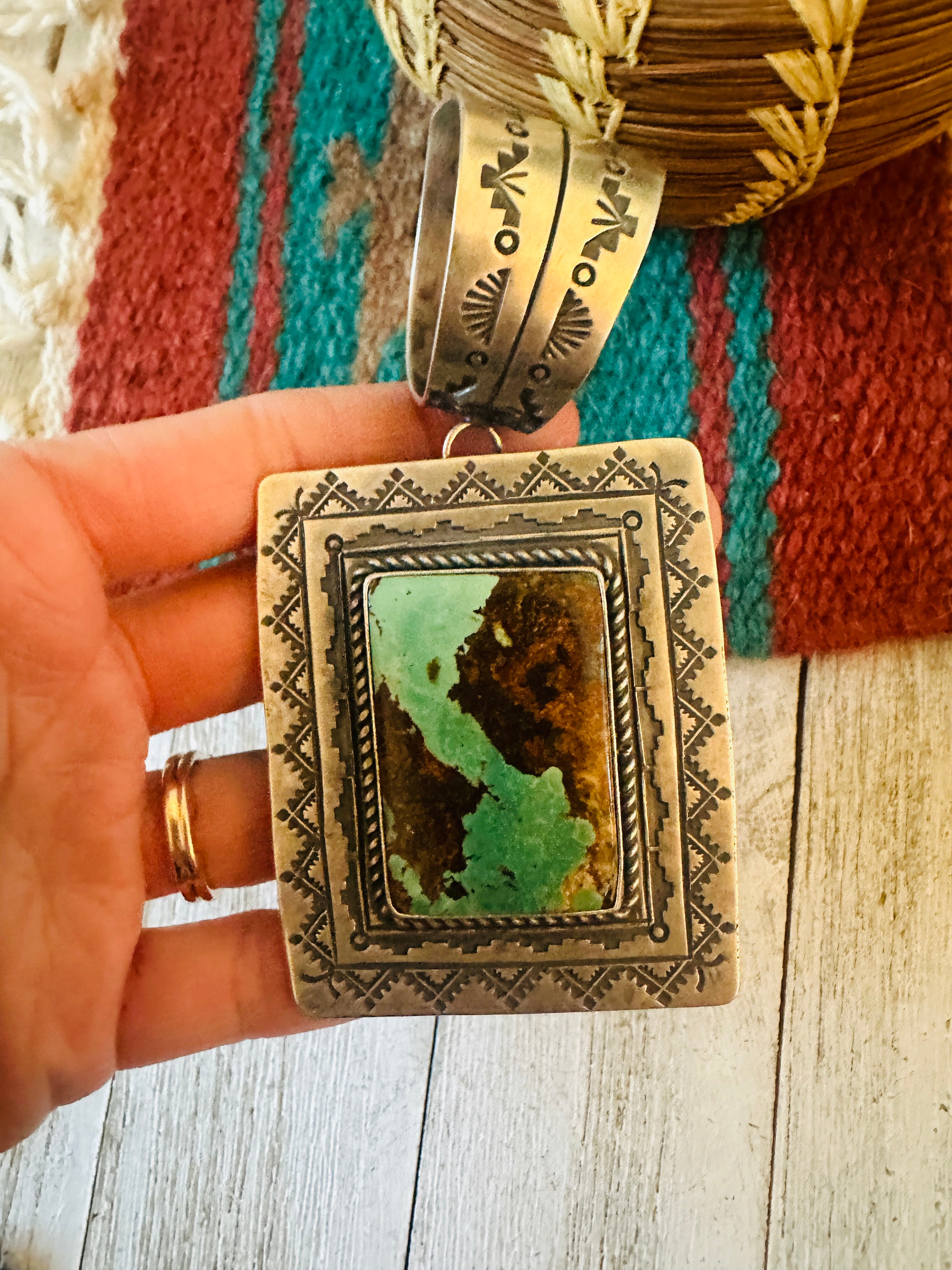 Navajo Hand Stamped Sterling Silver & Turquoise Concho Pendant