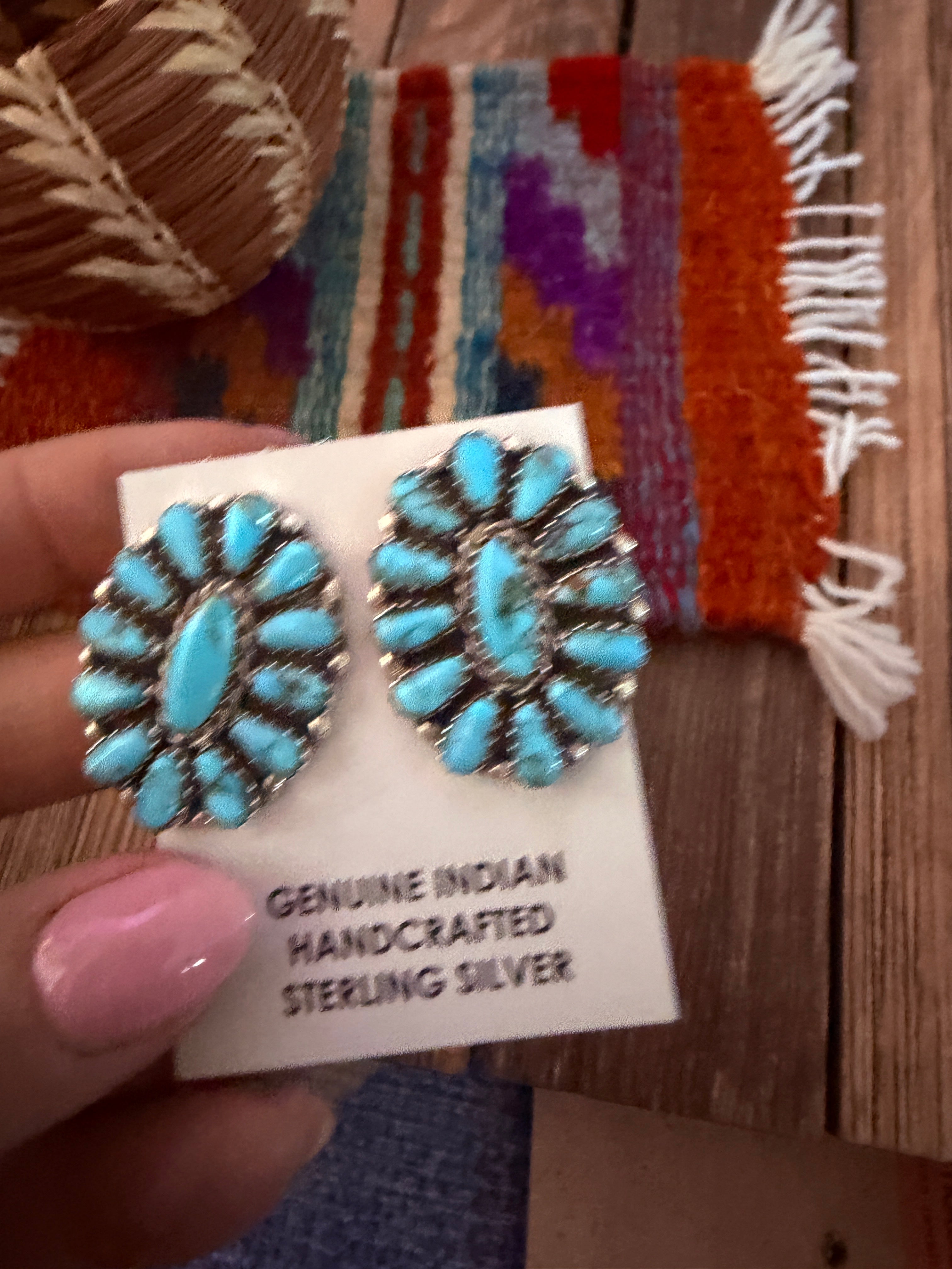 Handcrafted Turquoise & Sterling Silver Cluster Post Earrings by Leander Nez