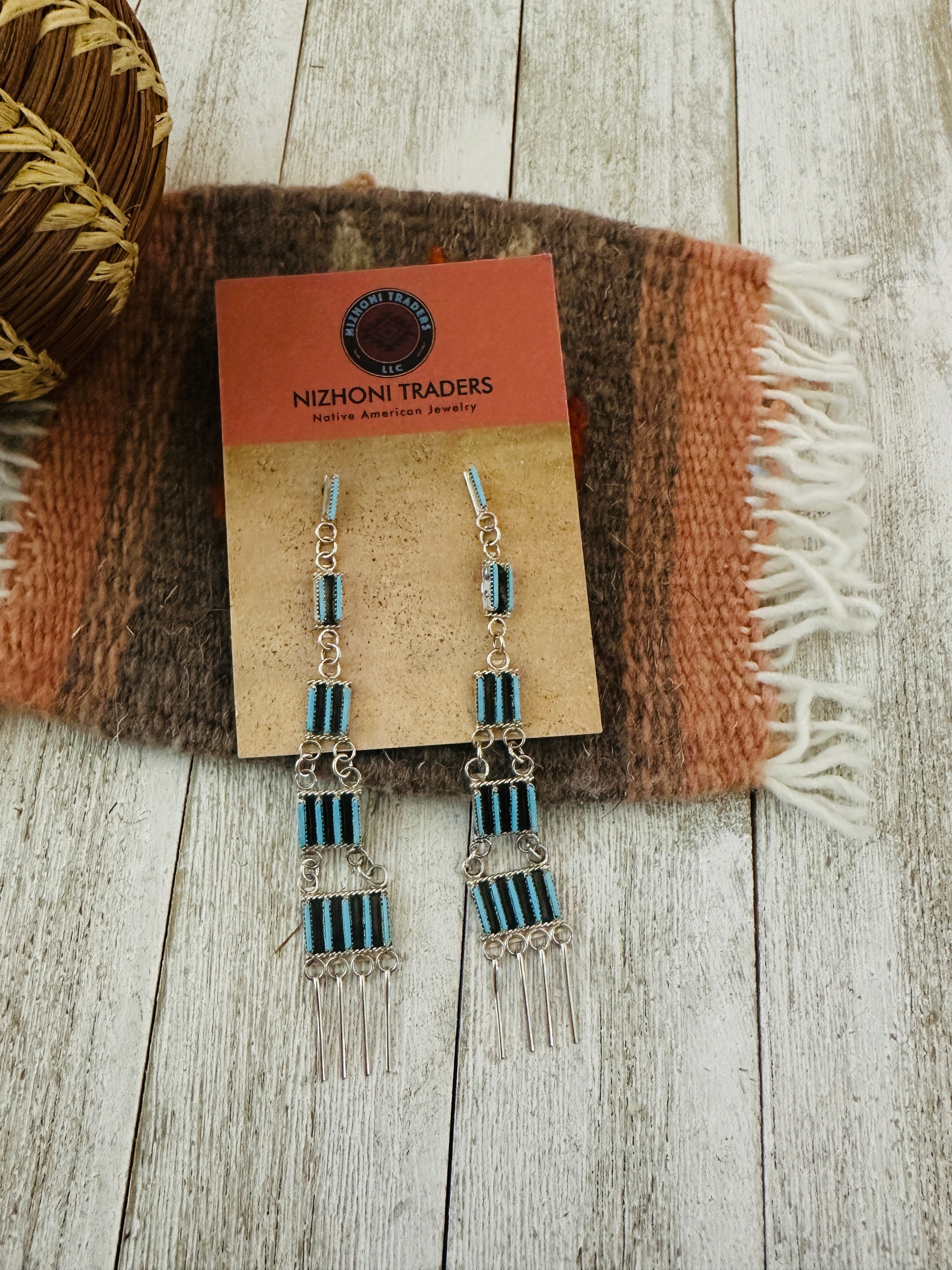 Handcrafted Sterling Silver & Turquoise Needlepoint Dangle Earrings