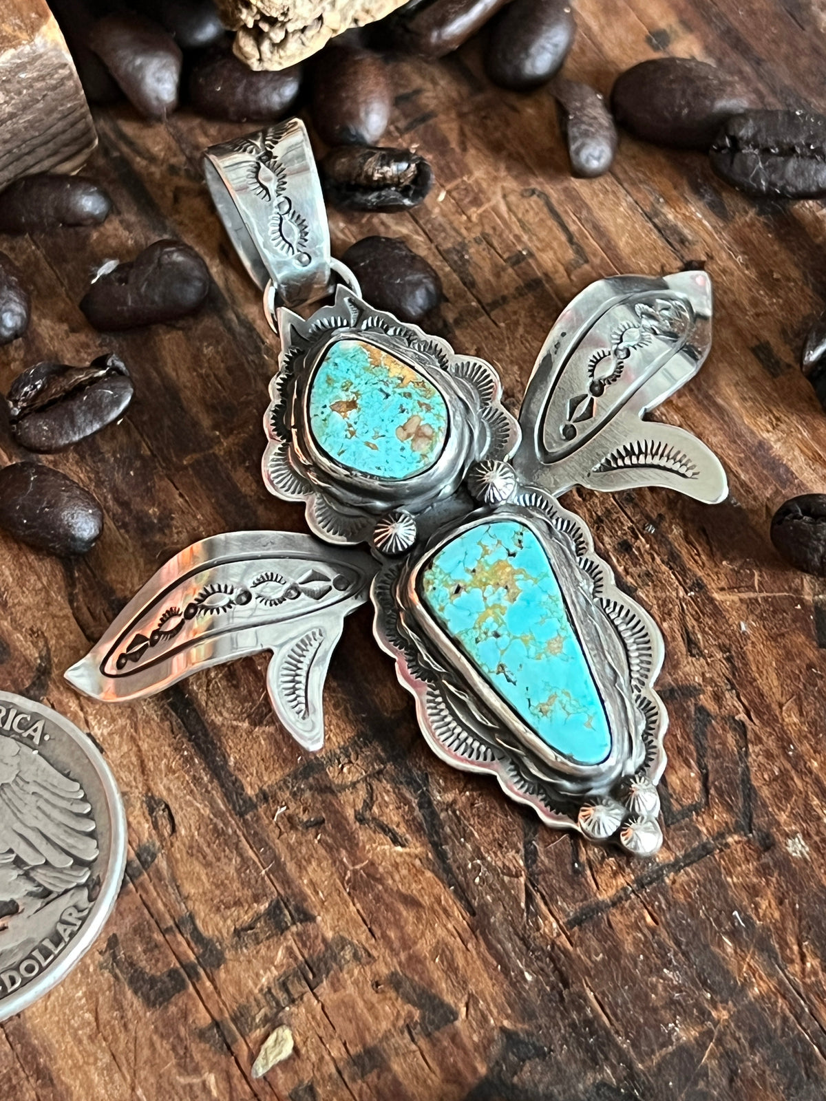 Sterling Silver and Turquoise Winged Bug Pendant by Kimari Somers