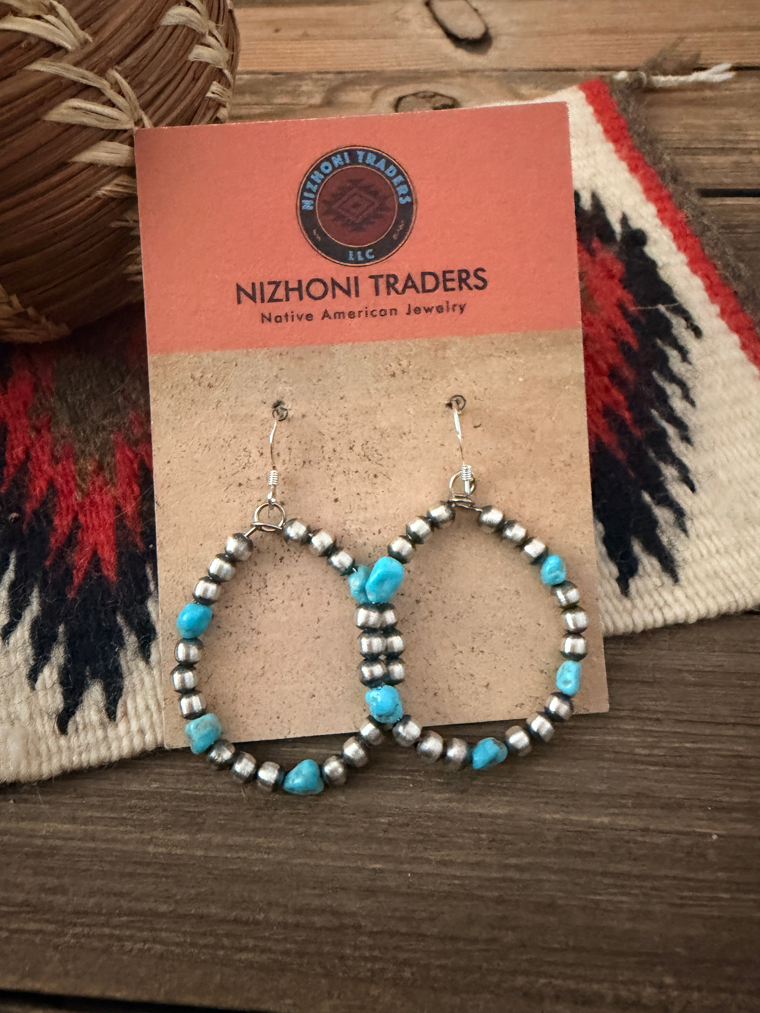 Handcrafted Sterling Silver Pearl & Turquoise Dangle Hoop Earrings