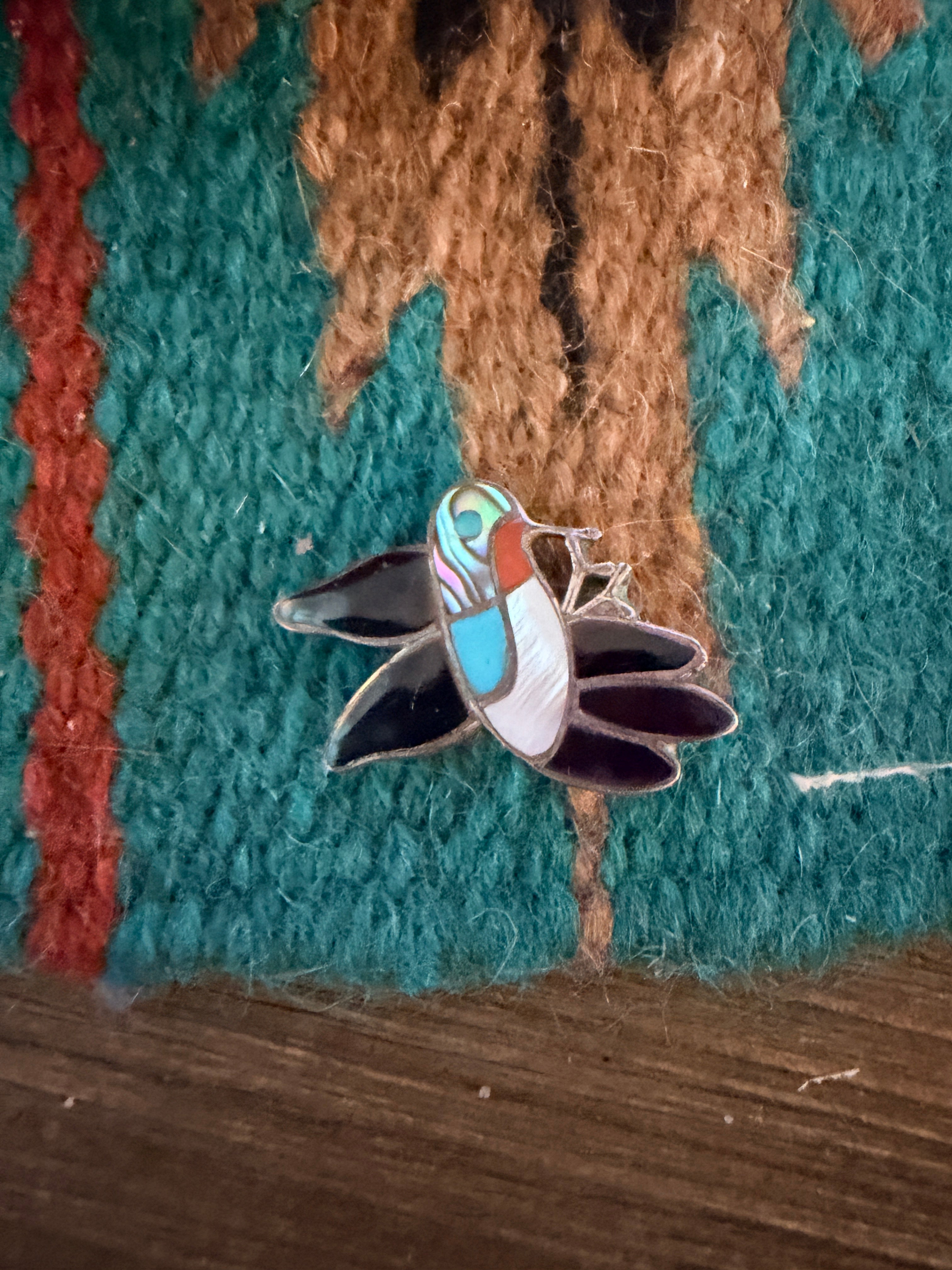Old Pawn Handcrafted Multi Stone & Sterling Silver Inlay Hummingbird Brooch