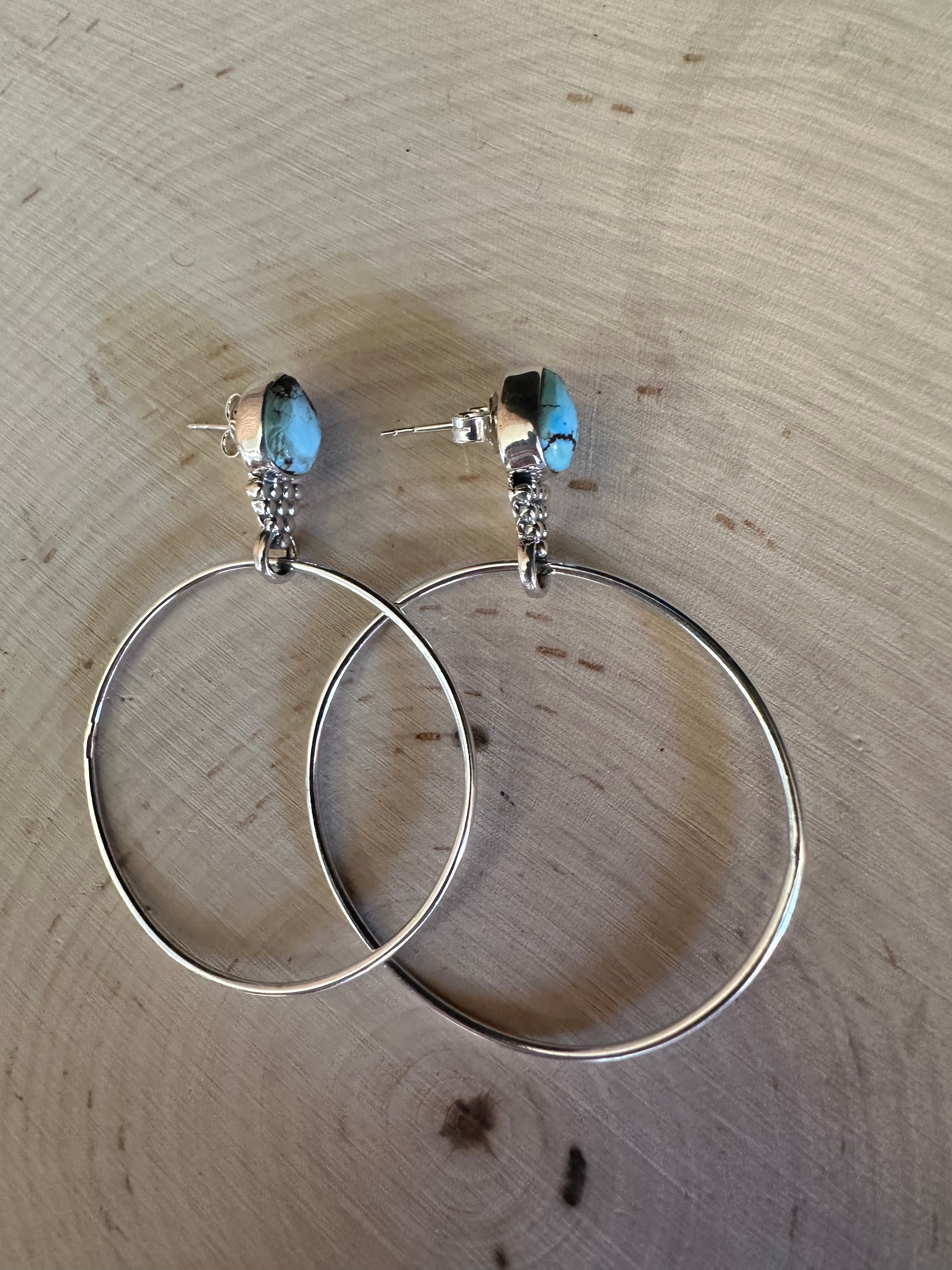 Handmade Golden Hills Turquoise & Sterling Silver Hoop Earrings Signed Nizhoni