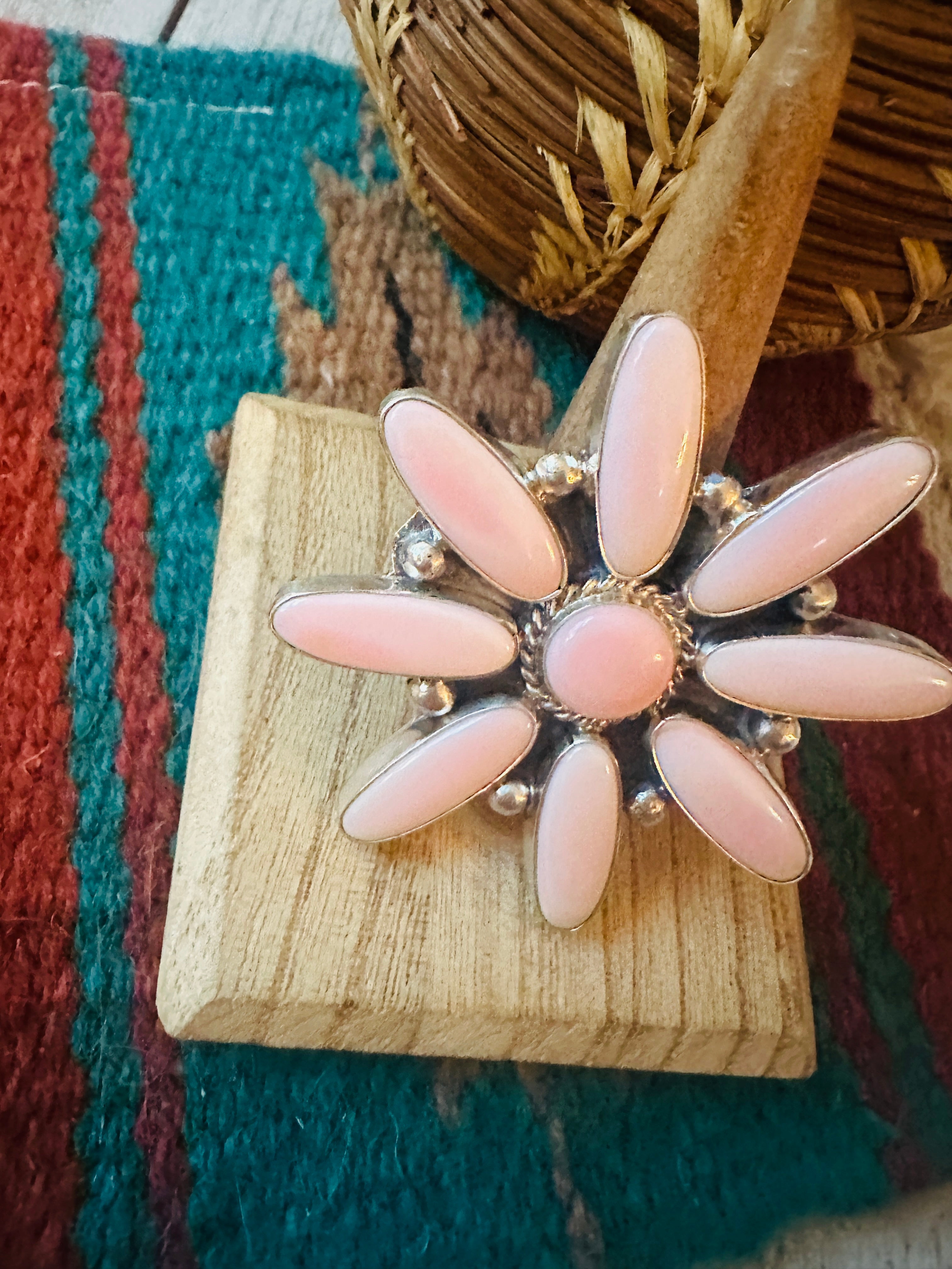 Navajo Sterling Silver & Queen Pink Conch Adjustable Flower Ring