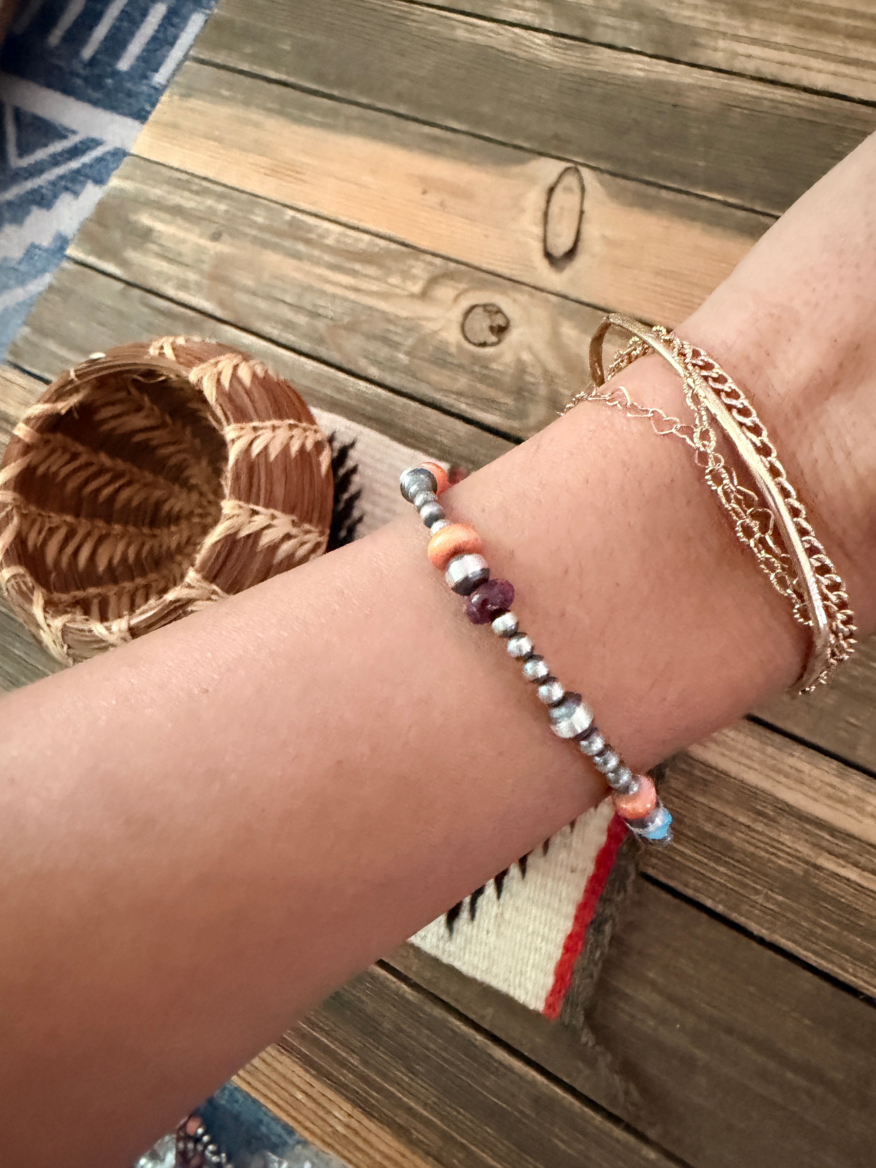 Handcrafted Turquoise, Spiny Oyster & Sterling Silver Pearl Beaded Stretch Bracelet