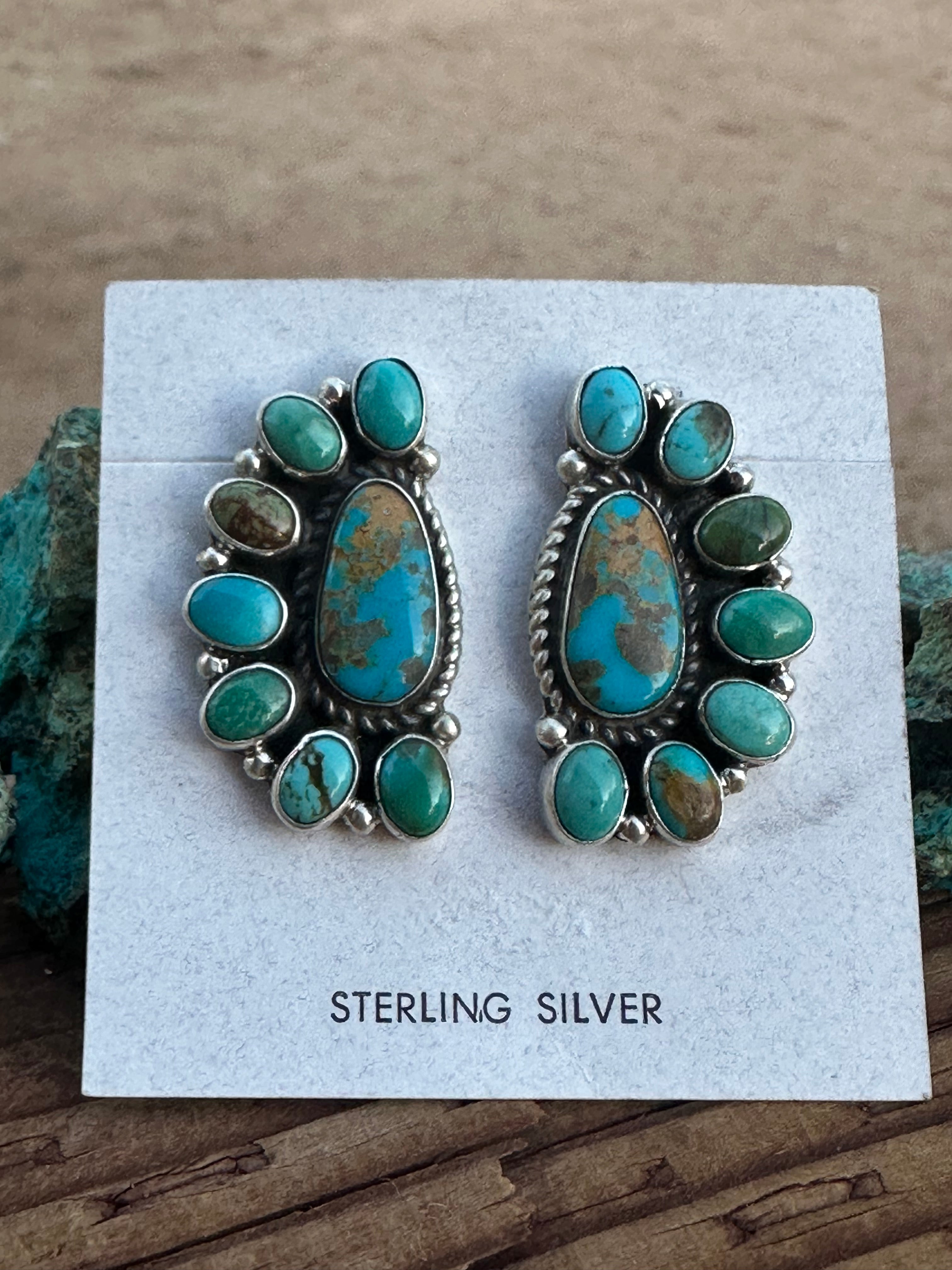 Navajo Geraldine James Turquoise Sterling Silver Cluster Stud Earrings