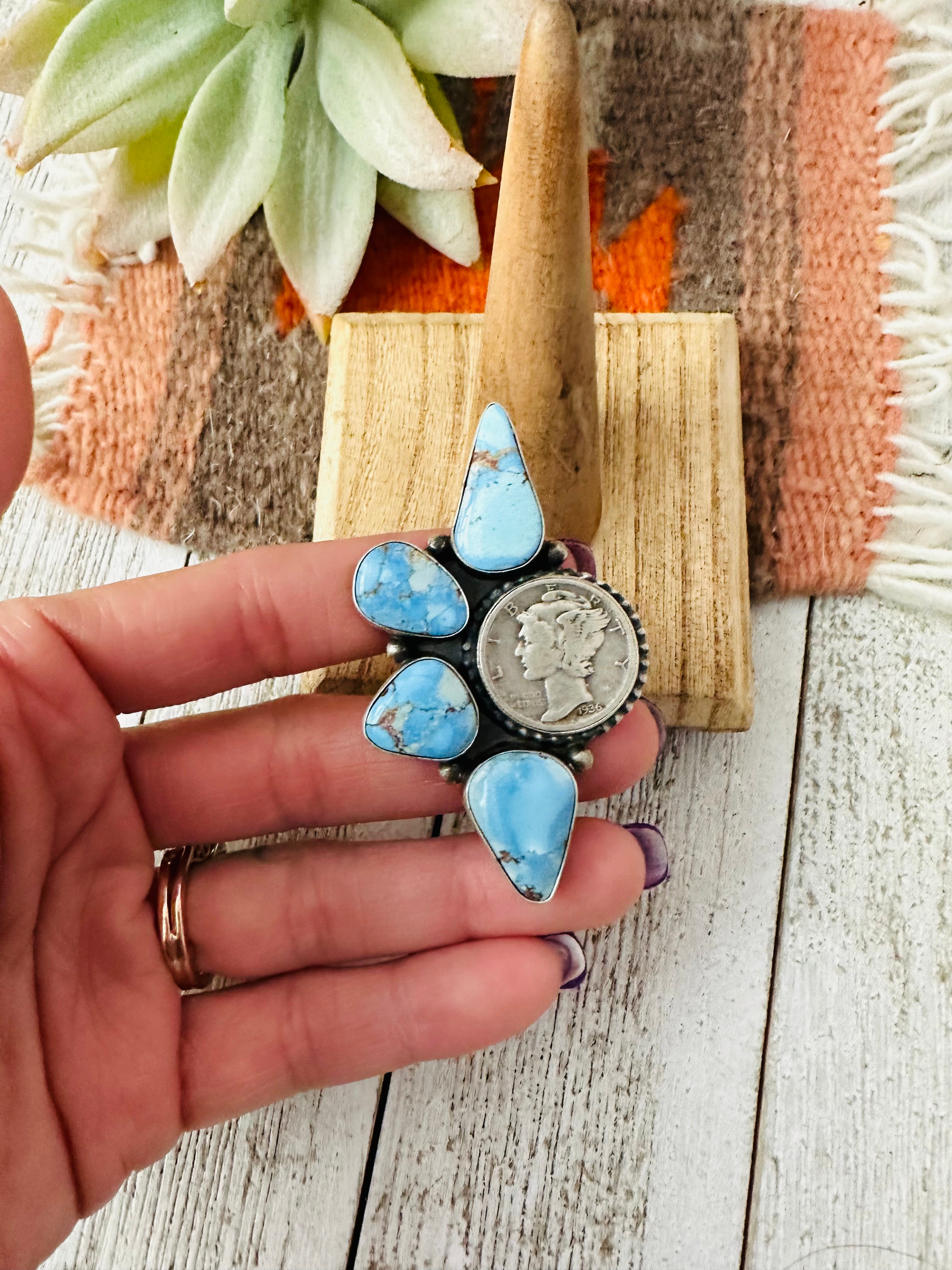 Navajo Golden Hills Turquoise & Sterling Silver Liberty Dime Ring Size 7.5